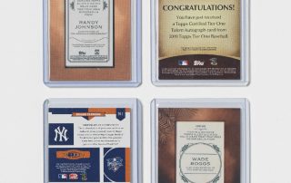 Randy Johnson Jersey Relic Card, 2020; Jacob Degrom Autograph card, 2019; Wade Boggs Bat Relic Card, 2019; Roger Clemens and Mike Piazza Dual Jersey Relic Card, 2004
