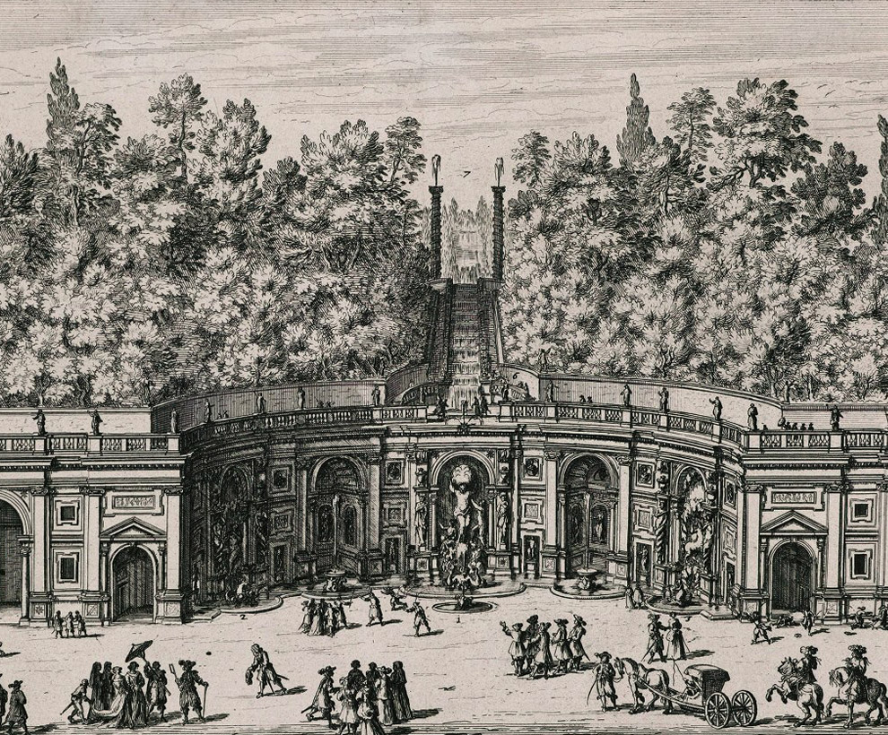 A print of a large symmetrical structure with large archways and niche, with crowds of people in front and trees in the background.