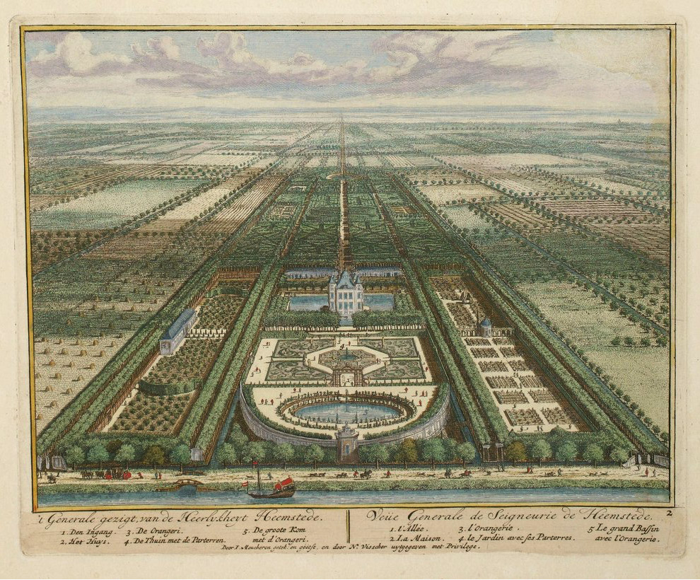 An aerial view illustration of a grand formal garden with geometric paths, hedges, trees, fountains, and a large manor house at its center, surrounded by vast, symmetrical landscaped grounds.