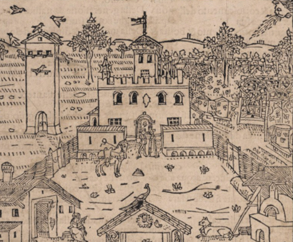 A woodcut of a walled estate with a central building, a tall tower, trees, and horses in the yard.