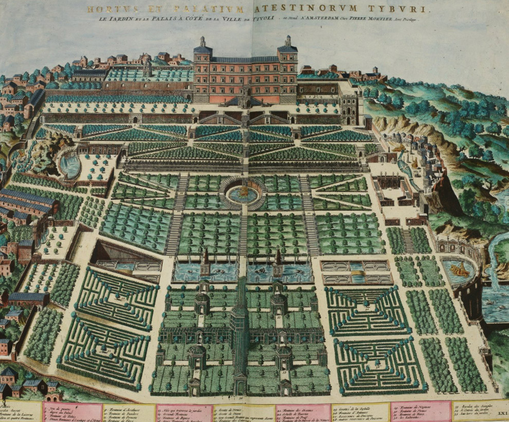 An illustrated aerial view of a large building surrounded by gardens with trees, geometric pathways, a central fountain, and terraced landscaping extending to hillside buildings.