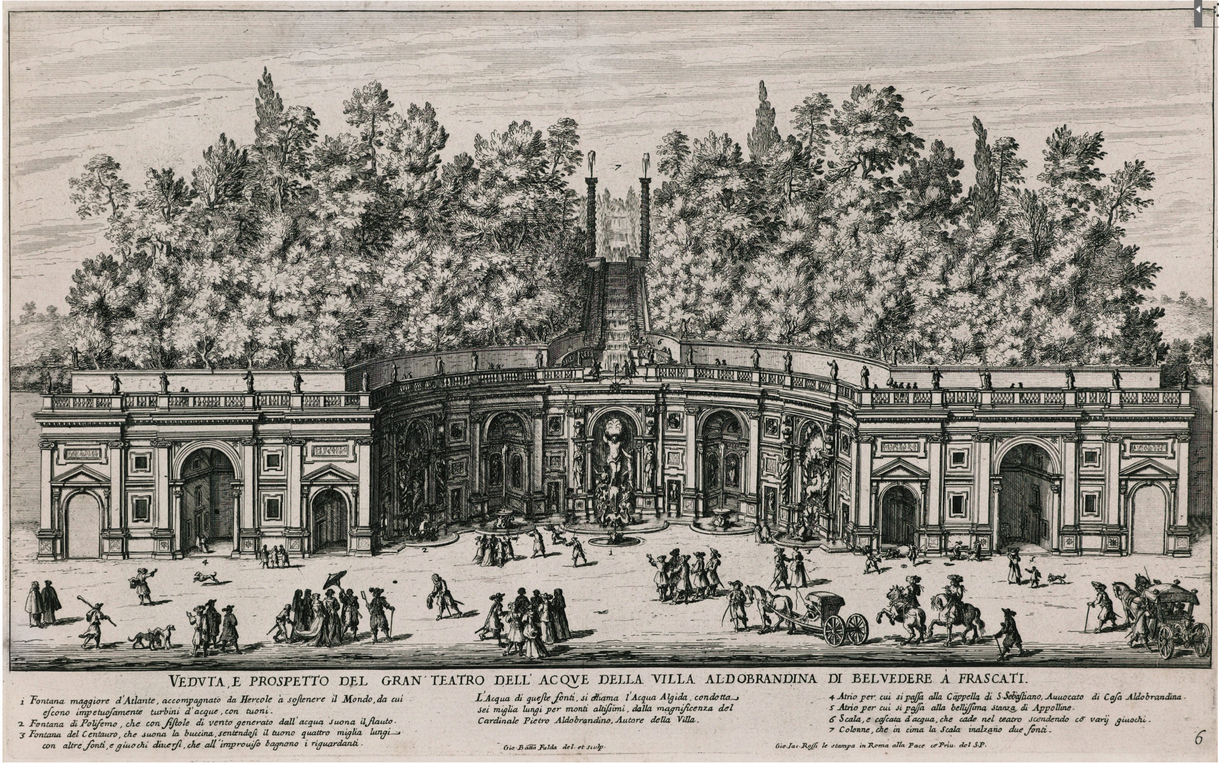A print of a large symmetrical structure with large archways and niche, with crowds of people in front and trees in the background.