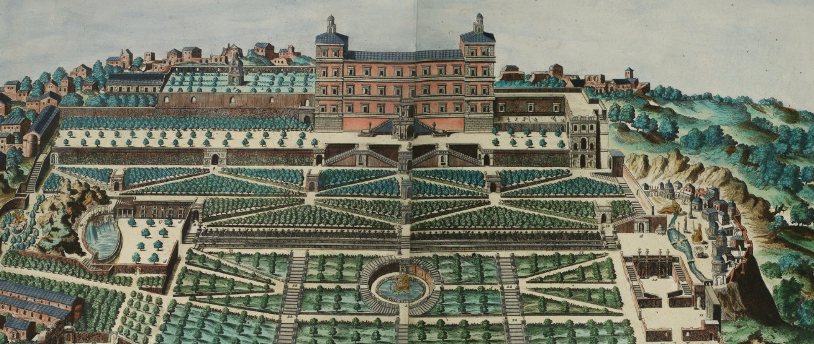 An illustrated aerial view of a grand palace surrounded by formal gardens with geometric patterns, trees, pathways, a central fountain, and terraced landscaping extending to hillside buildings.