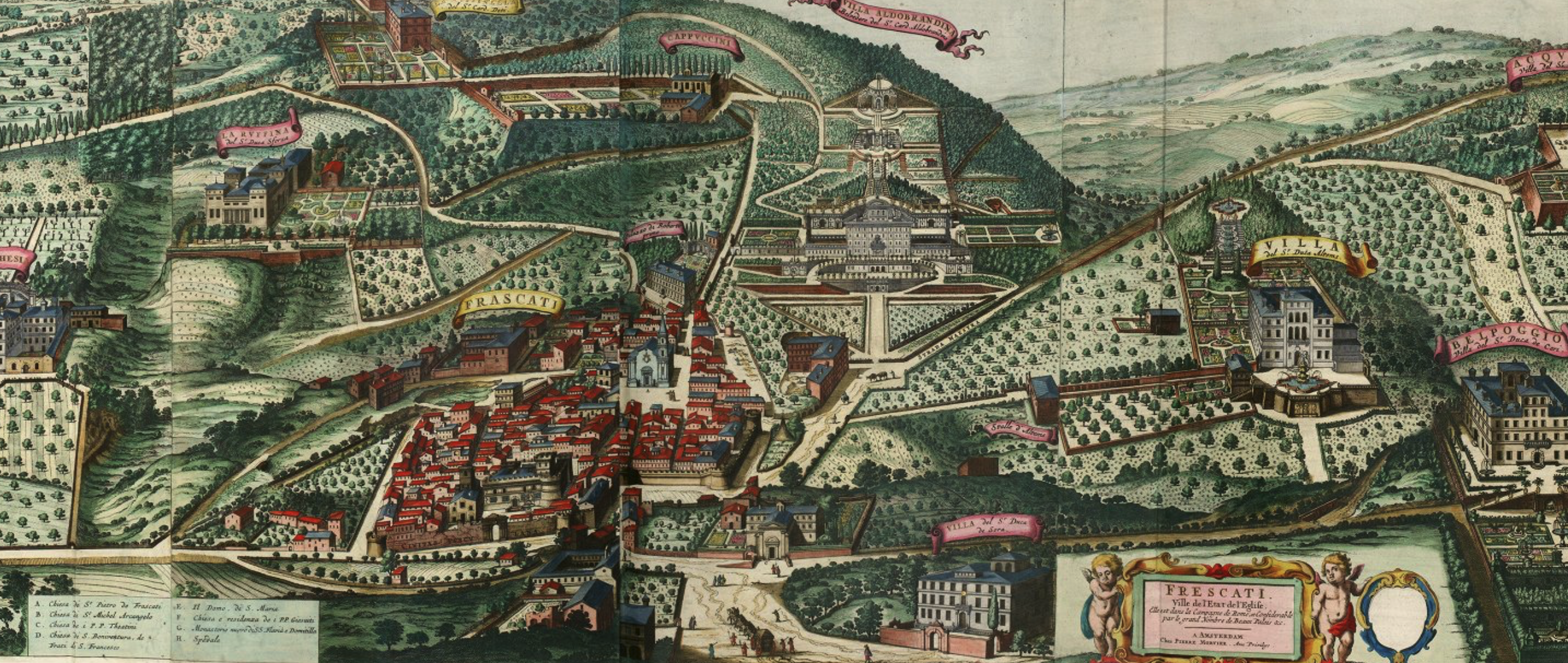 An illustrated map of a small town, a hilly landscape, individual large estates and connected by roads, with labeled sections and decorative cartouche.