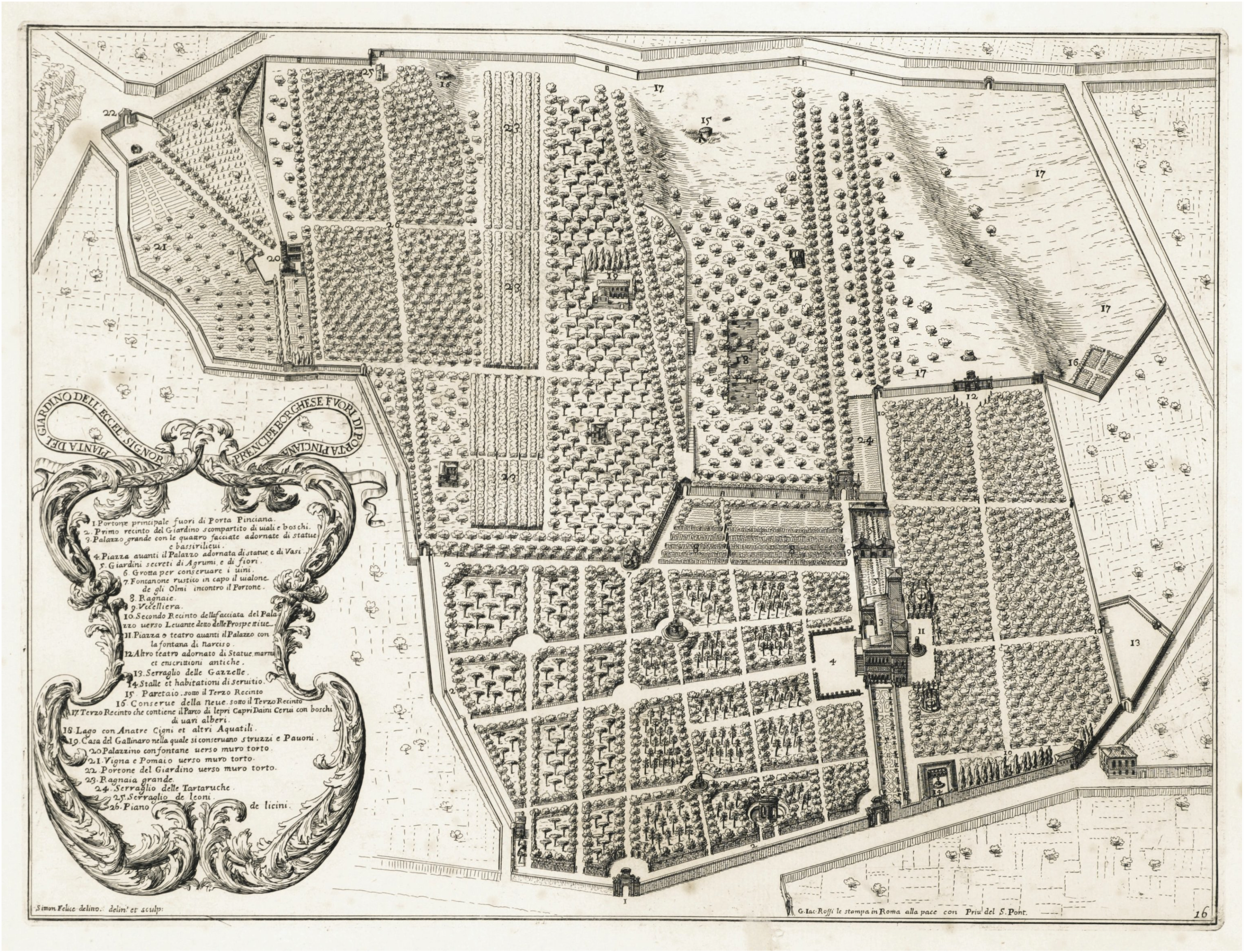 A map of a large formal garden, featuring orchards, geometric paths, trees and buildings, with a decorative title cartouche and labeled sections.