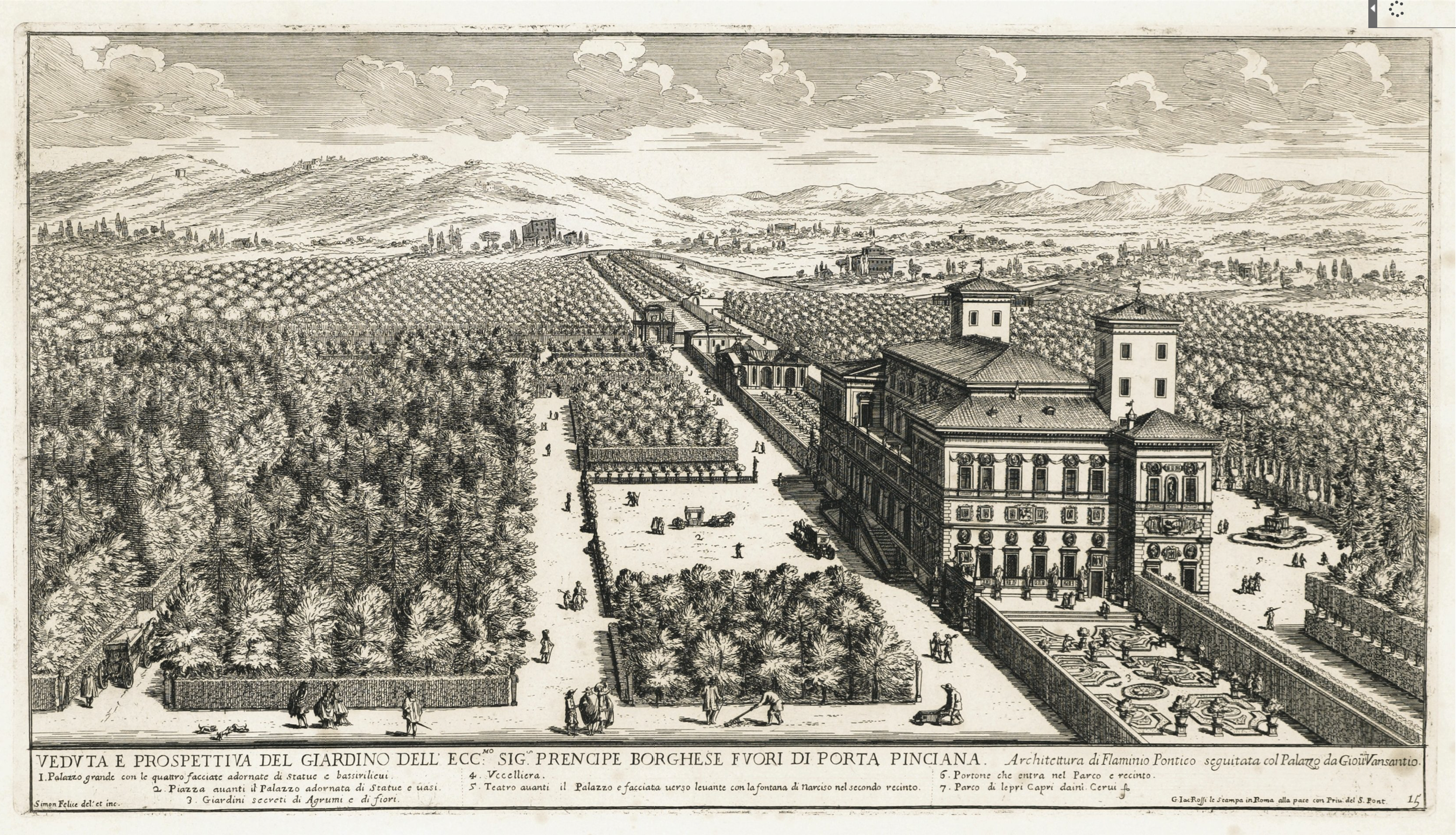 A print of the Villa Borghese featuring a large building, trees, geometric paths, and figures talking and carrying tools, with a hilly landscape in the background.