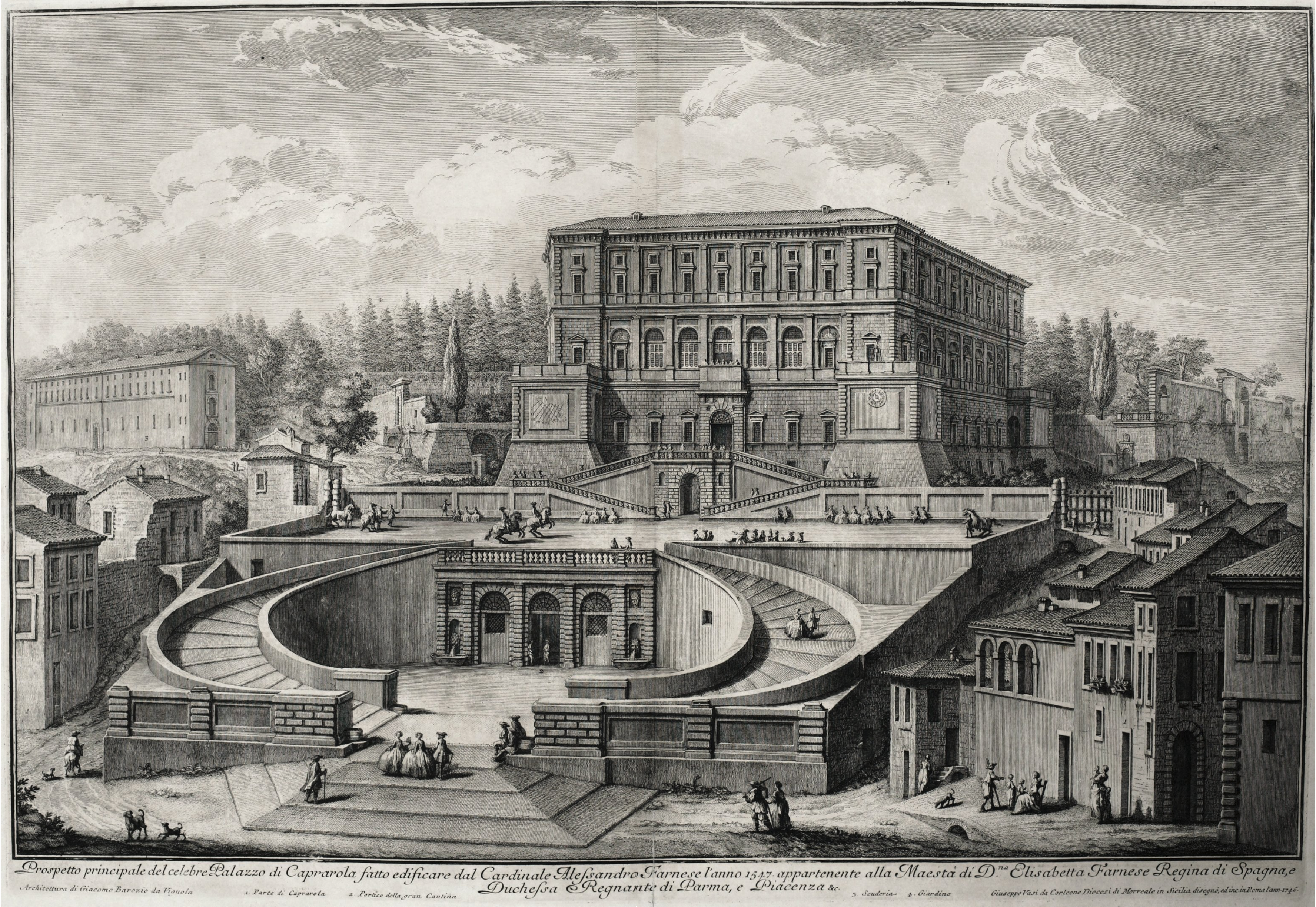 An engraving of a multi-story Renaissance building with staircases, terraces, and gardens, surrounded by smaller buildings, trees and people walking throughout the scene.
