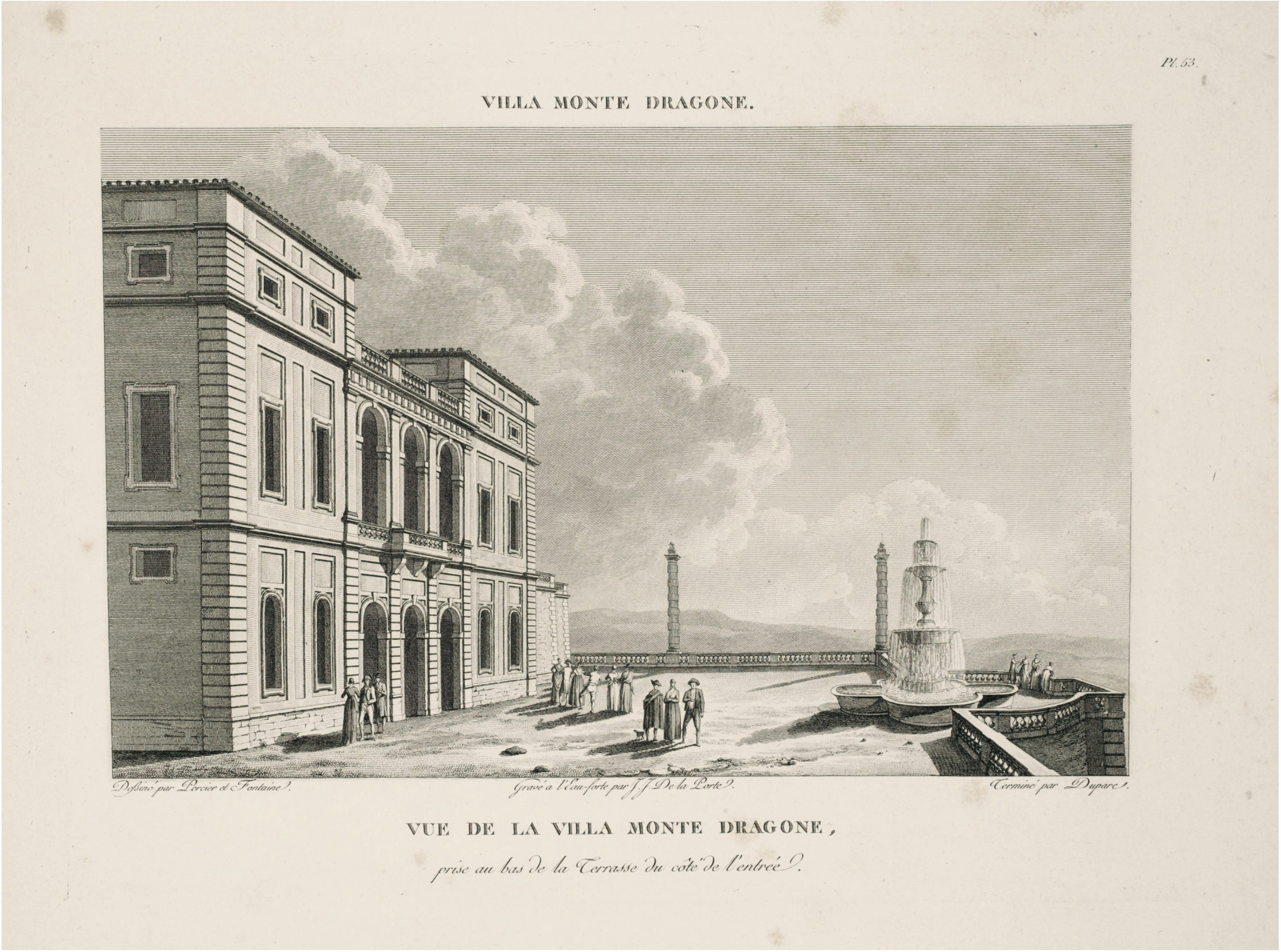 An illustration of Villa Monte Dragone featuring a large building, people walking on a terrace, a fountain, and two freestanding columns along the terrace wall under a cloudy sky.