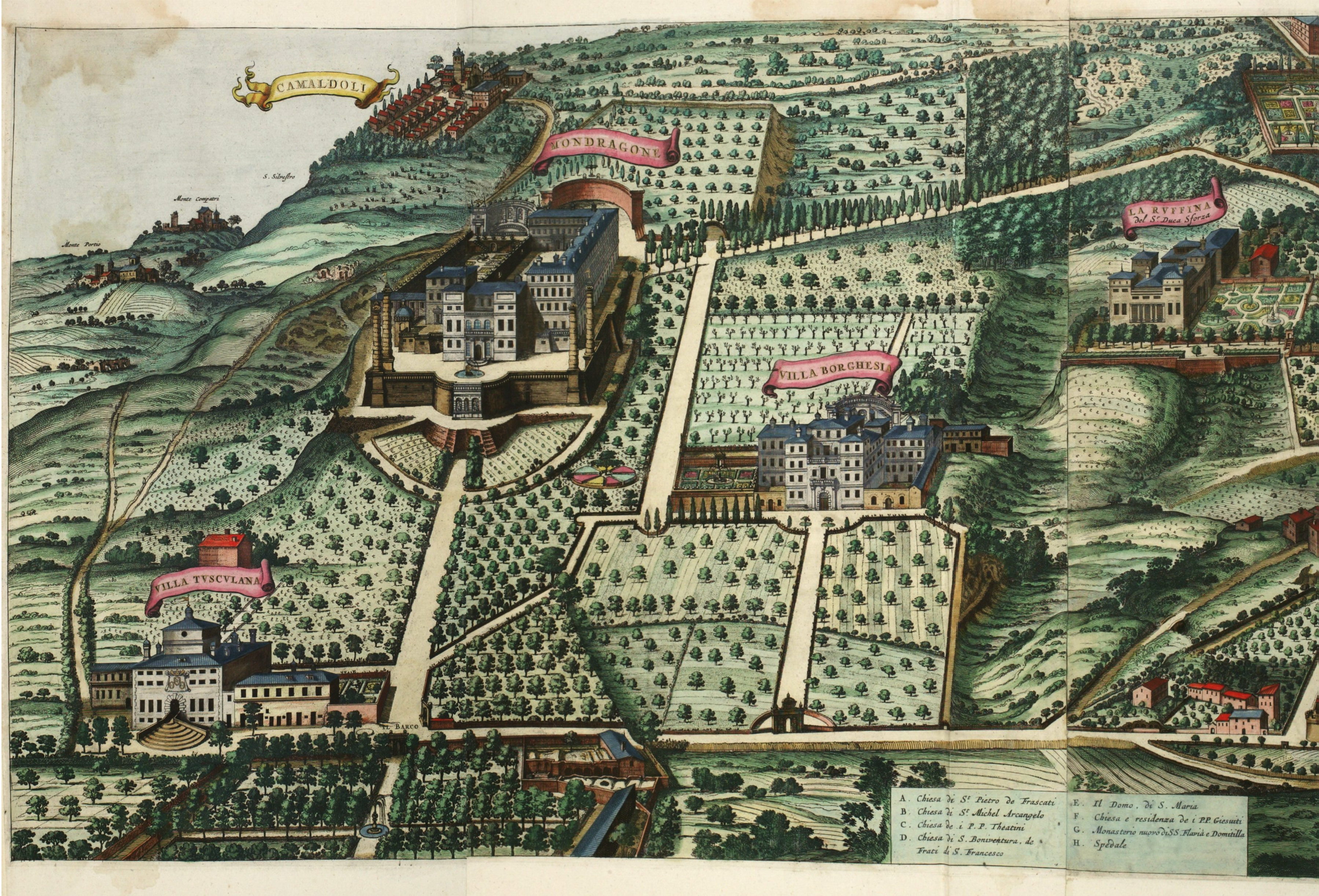A detail from illustrated map of a hilly landscape, individual large estates and connected by roads, showing the proximity of the Villa Tusculan, Mondragone, Villa Borghese, and la Ruffina.