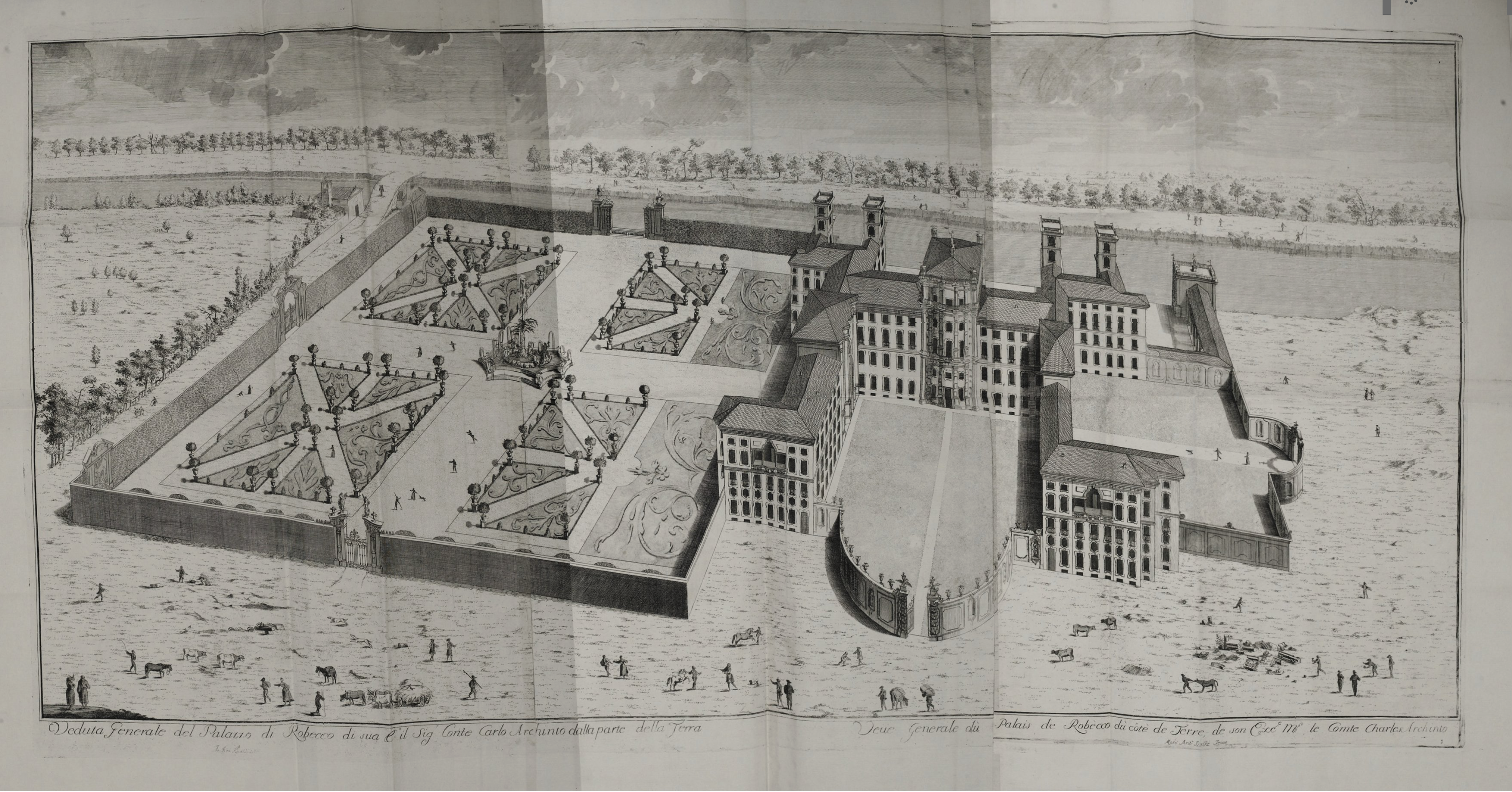 Print of a large, grand villa with formal geometric gardens and a surrounding wall, seen from above. People and animals are visible in the open grounds outside the walls.