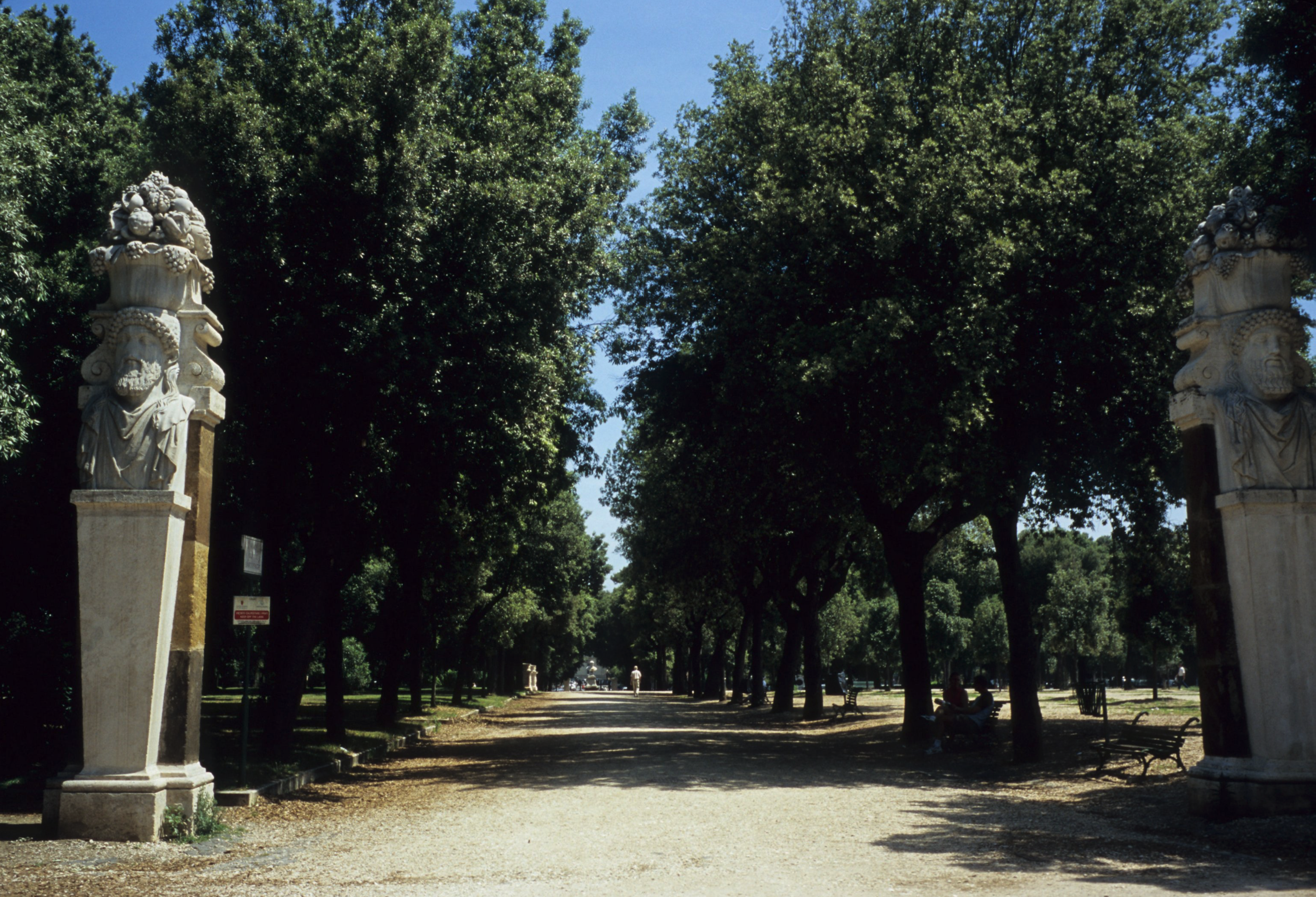 A wide, tree-lined pathway in a park, flanked at the entrance by free-standing stone columns topped with sculpted busts and vegetation. Sunlight filters through the leafy branches, casting shadows on the walkway.