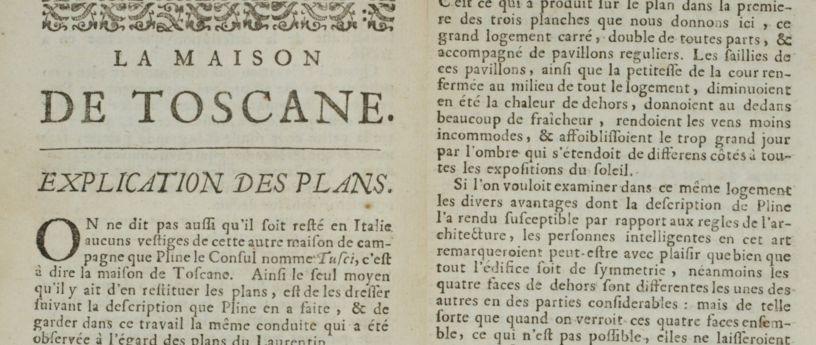 A close-up of an French text titled "La Maison de Toscane" ("The House of Tuscany") with a subtitle "Explication des Plans. ("Explanation of Maps"). The document features serifed typefaces and a decorative border above the title.