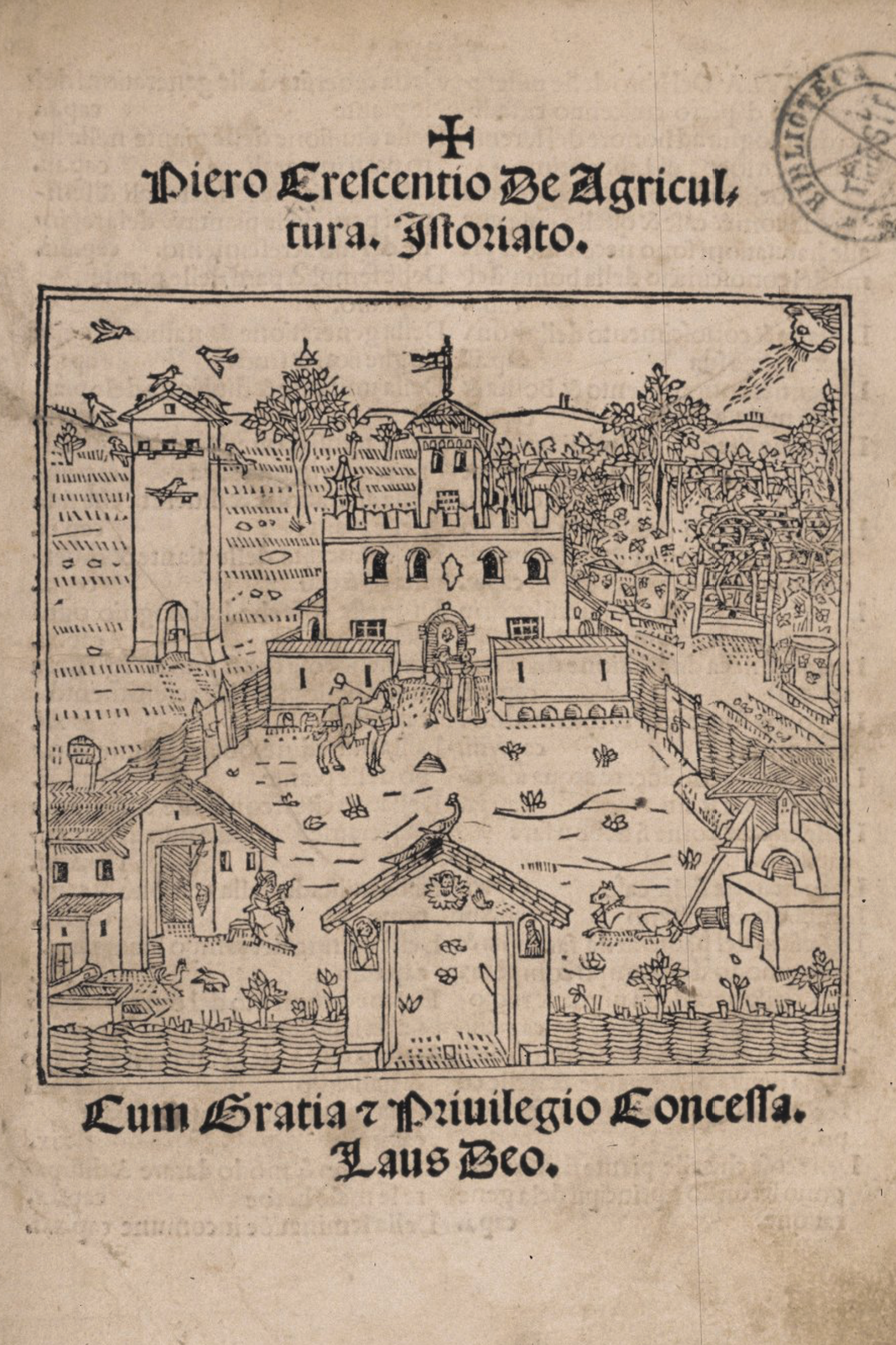 Woodcut illustration of a fenced-in yard with livestock and figures; a two-story building stands at one end of the garden, and a dovecote and garden appear nearby. , and a walled yard. Trees and hills are in the background. Latin text appears above and below the image in a decorative typeface.