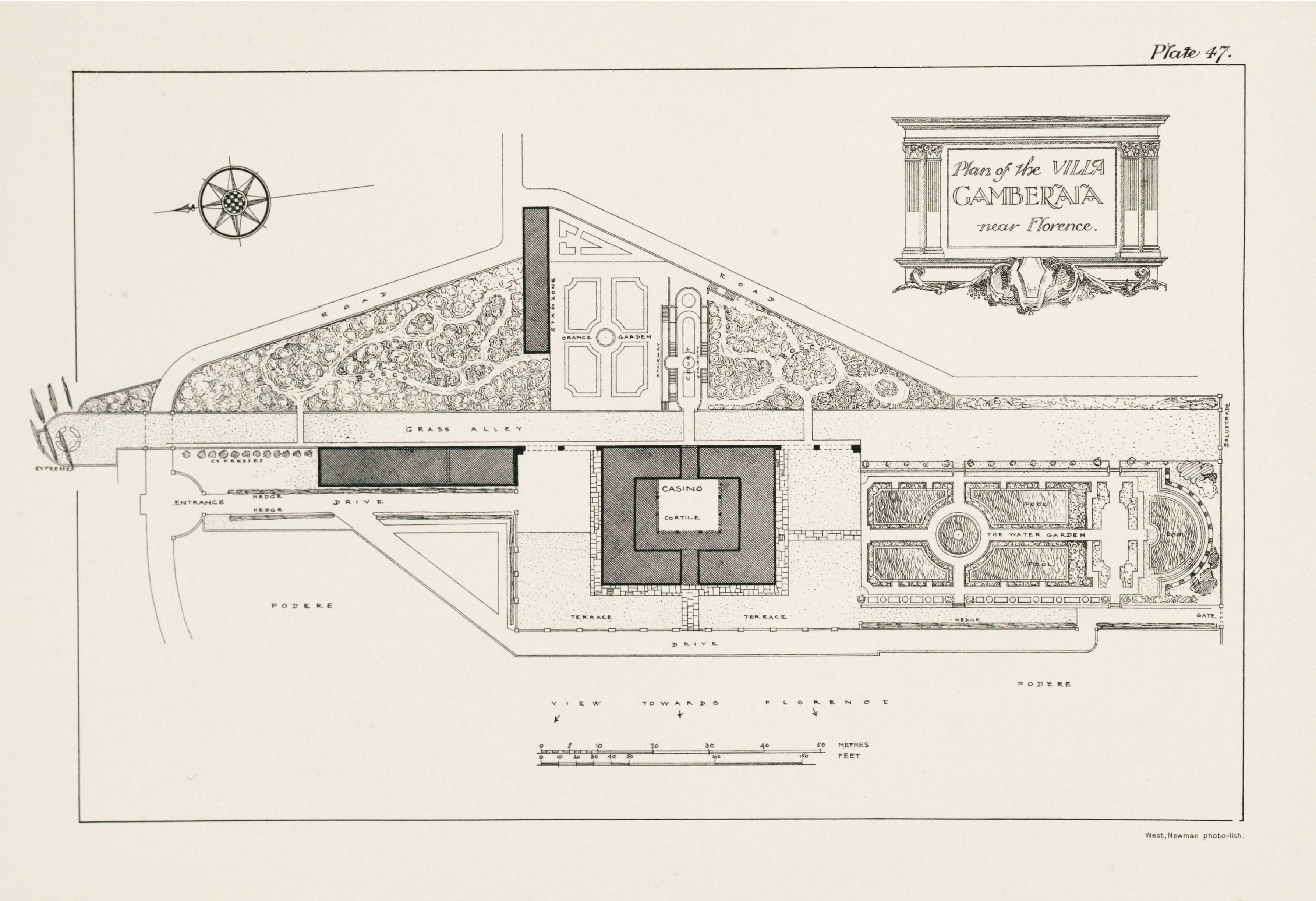 Black and white architectural plan, showing labeled gardens, pathways, and buildings, with a decorative title cartouche and a compass rose in the top left corner.