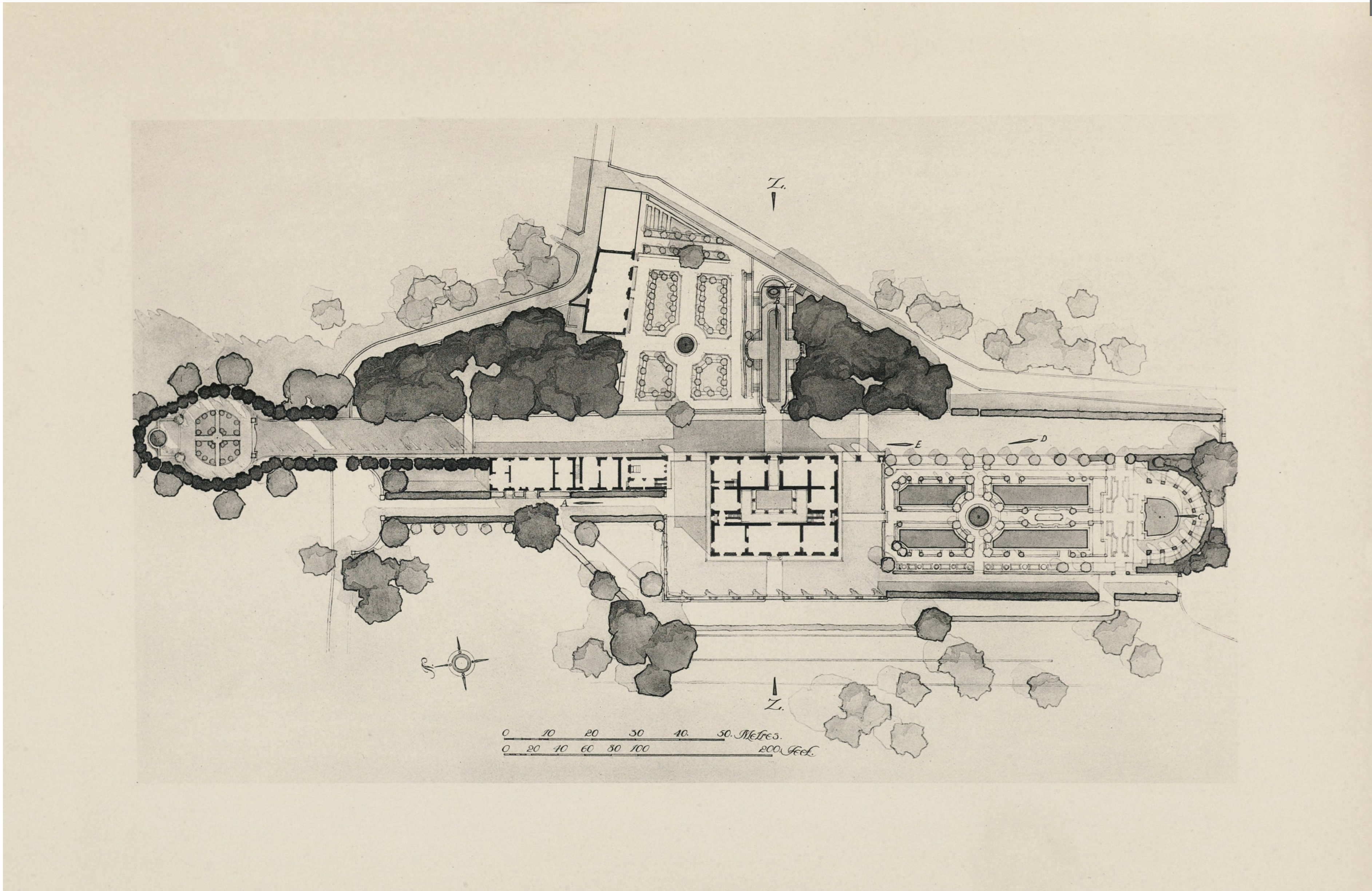 Architectural site plan in black and white, showing building layouts, paths, gardens, and surrounding trees, with a compass rose and scale bar at the bottom. The structures and landscaping are shaded to distinguish separate elements.