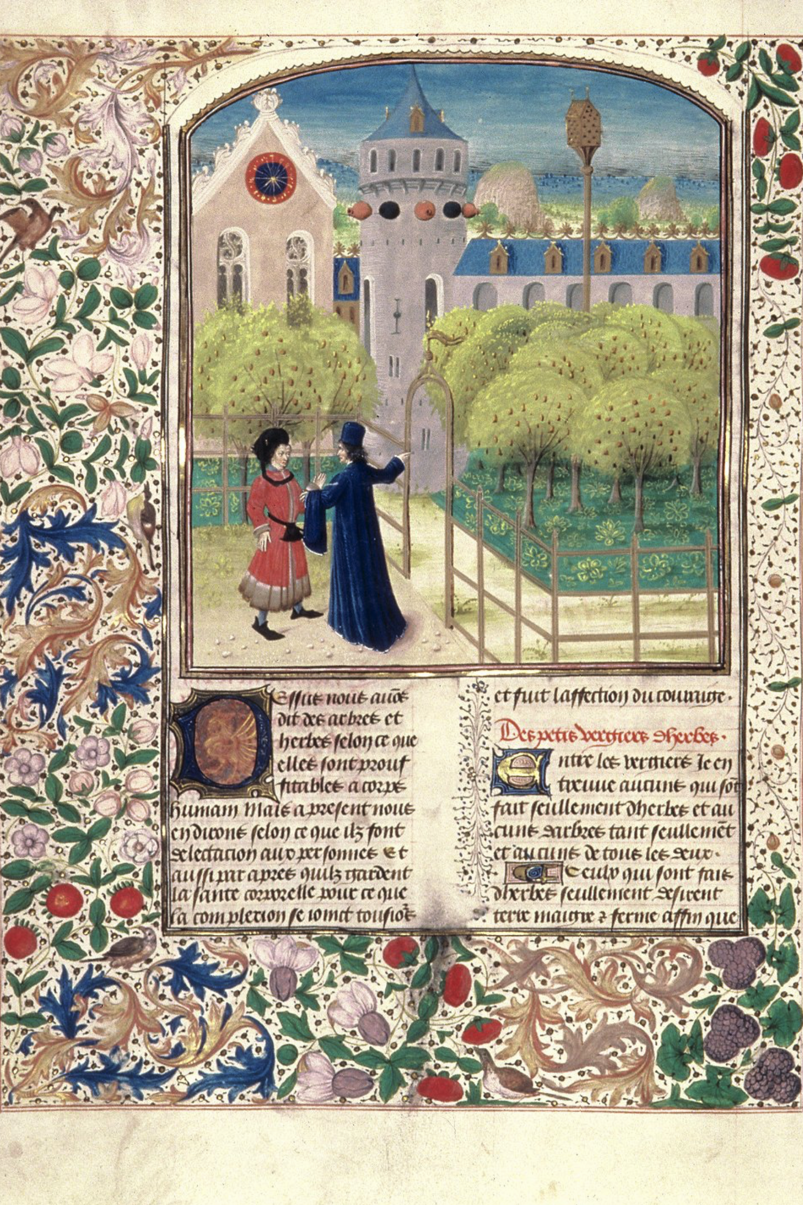 Illustration from an illuminated manuscript showing two figures in a garden with trees and ornate buildings in the background. Elaborate floral borders frame the scene and accompanying text.