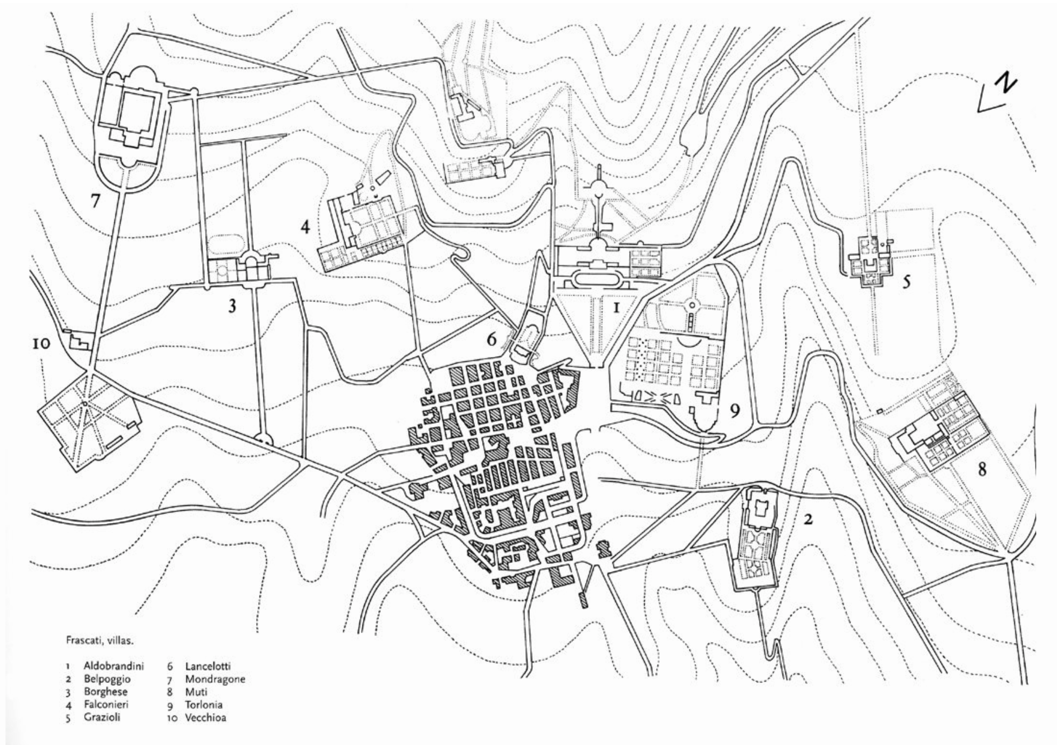 Black and white map showing topographic lines, roads, a dense town, and the locations of ten labeled villas numbered 1 to 10, with a legend listing each villa's name at the bottom left.