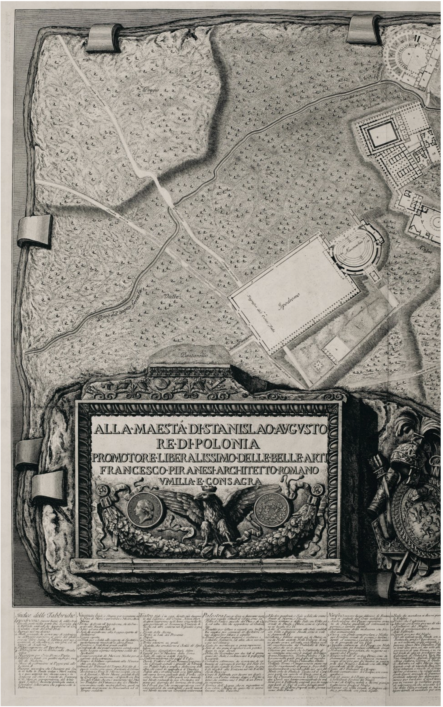 A detailed black-and-white map with architectural drawings showing the plans of a series of buildings, surrounded by fields dotted with trees. A decorative title plaque in Italian featuring a crowned eagle sits below the map, with text in small print below the illustration.