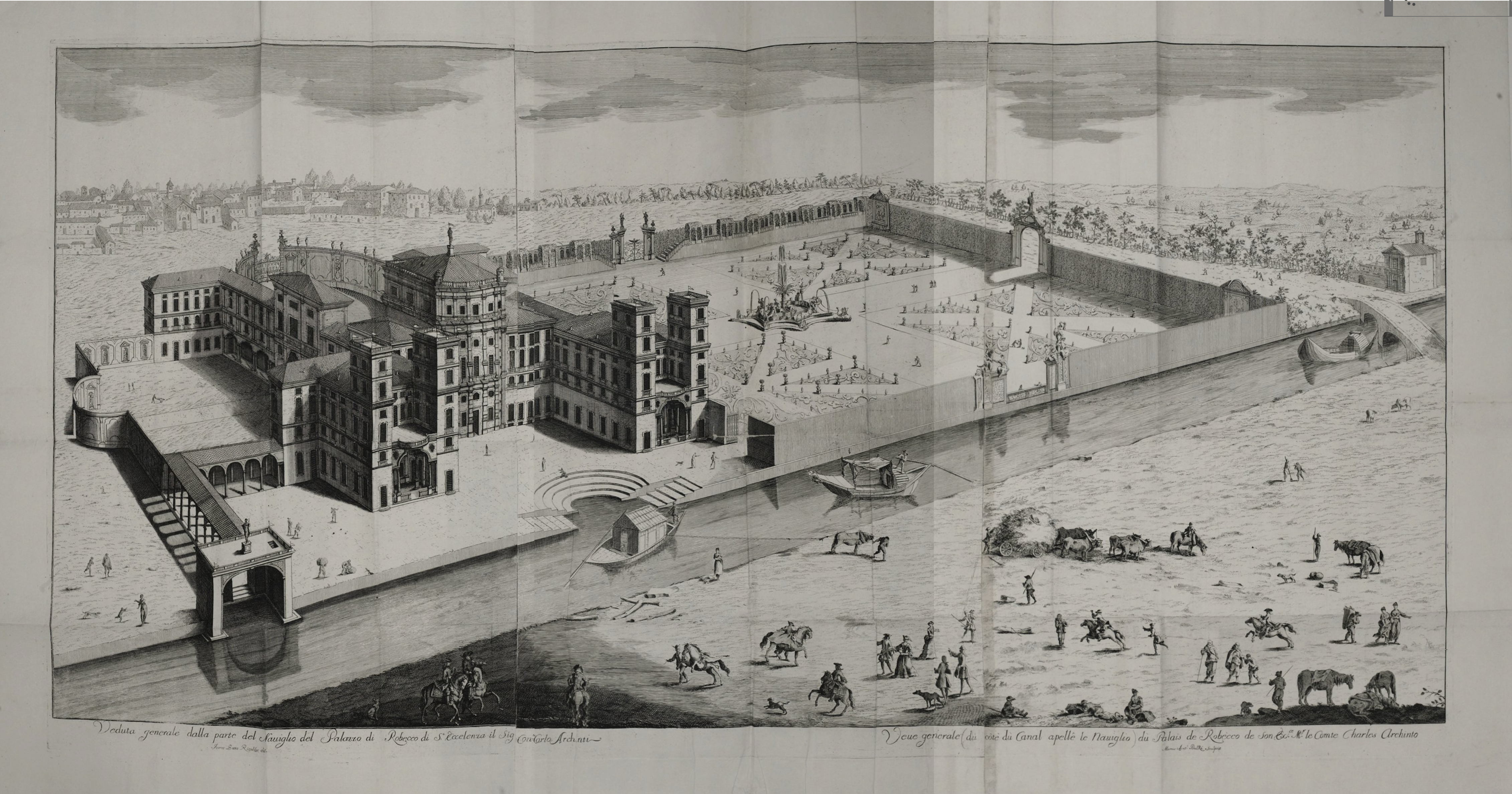 A print of a grand building with formal gardens, courtyards, and surrounding walls. A canal with small boats separates the building and gardens from a large field in the foreground where people walk, ride horses and tend to animals.