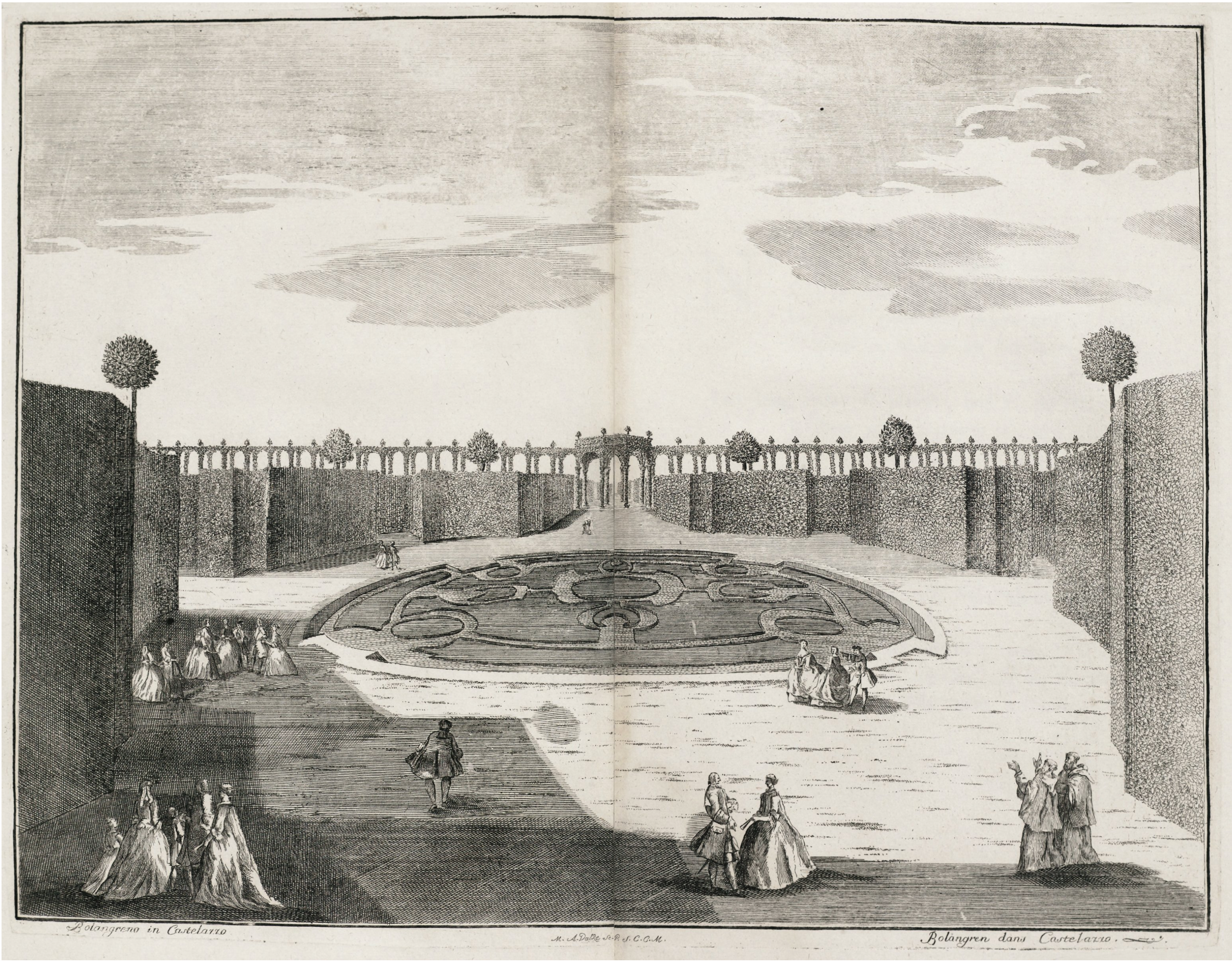 Print of a formal garden with a central circular parterre, tall hedges, wide pathways, groups of people walking and socializing, and an arched pergola in the background.