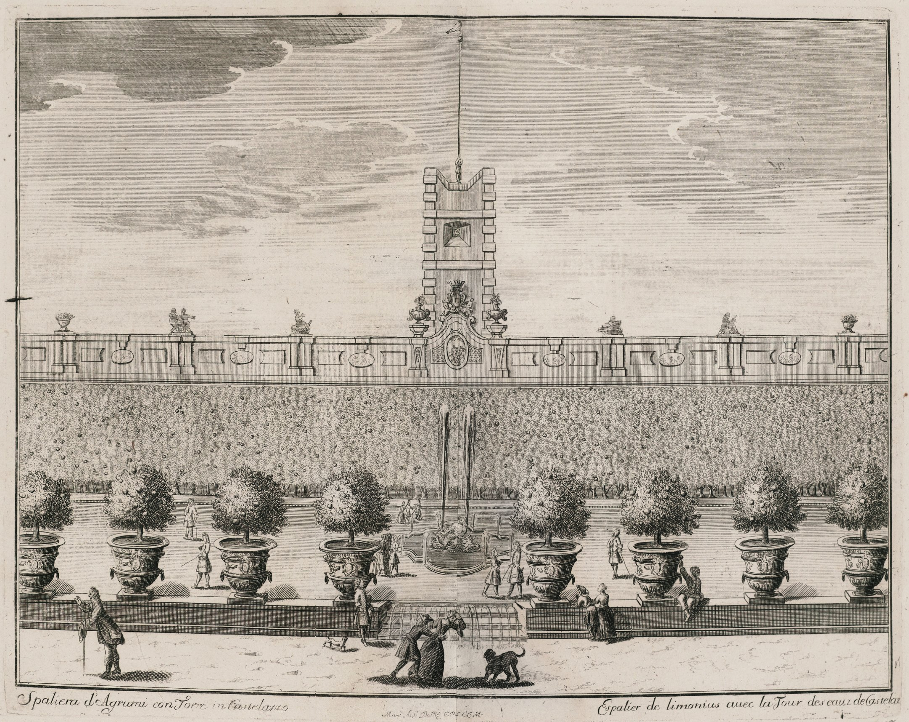 A print of a formal garden with large potted shrubs in the foreground, a fountain at the center, and a wall with statues and a tower in the background. Figures walk and socialize throughout the garden.