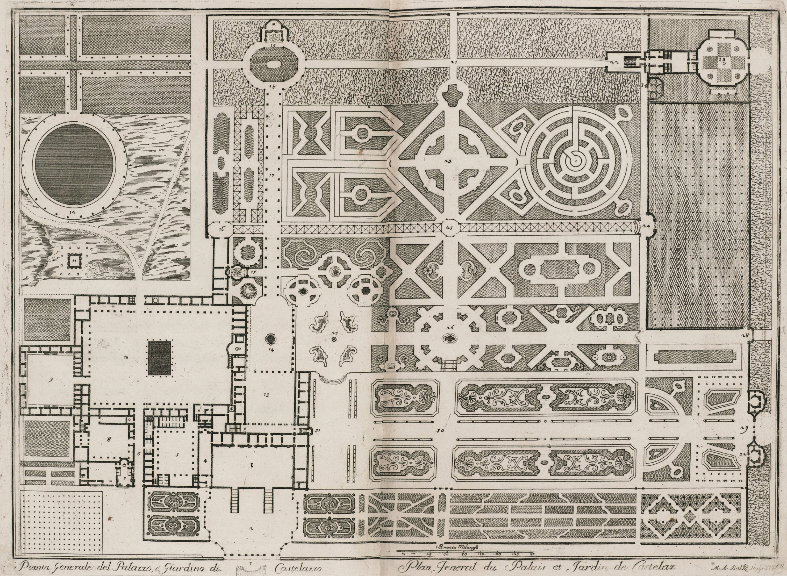 Black and white architectural plan of a large palace and formal gardens, featuring geometric pathways, fountains, plant beds, and courtyards arranged in symmetrical patterns. Text in Italian and Spanish labels the areas.