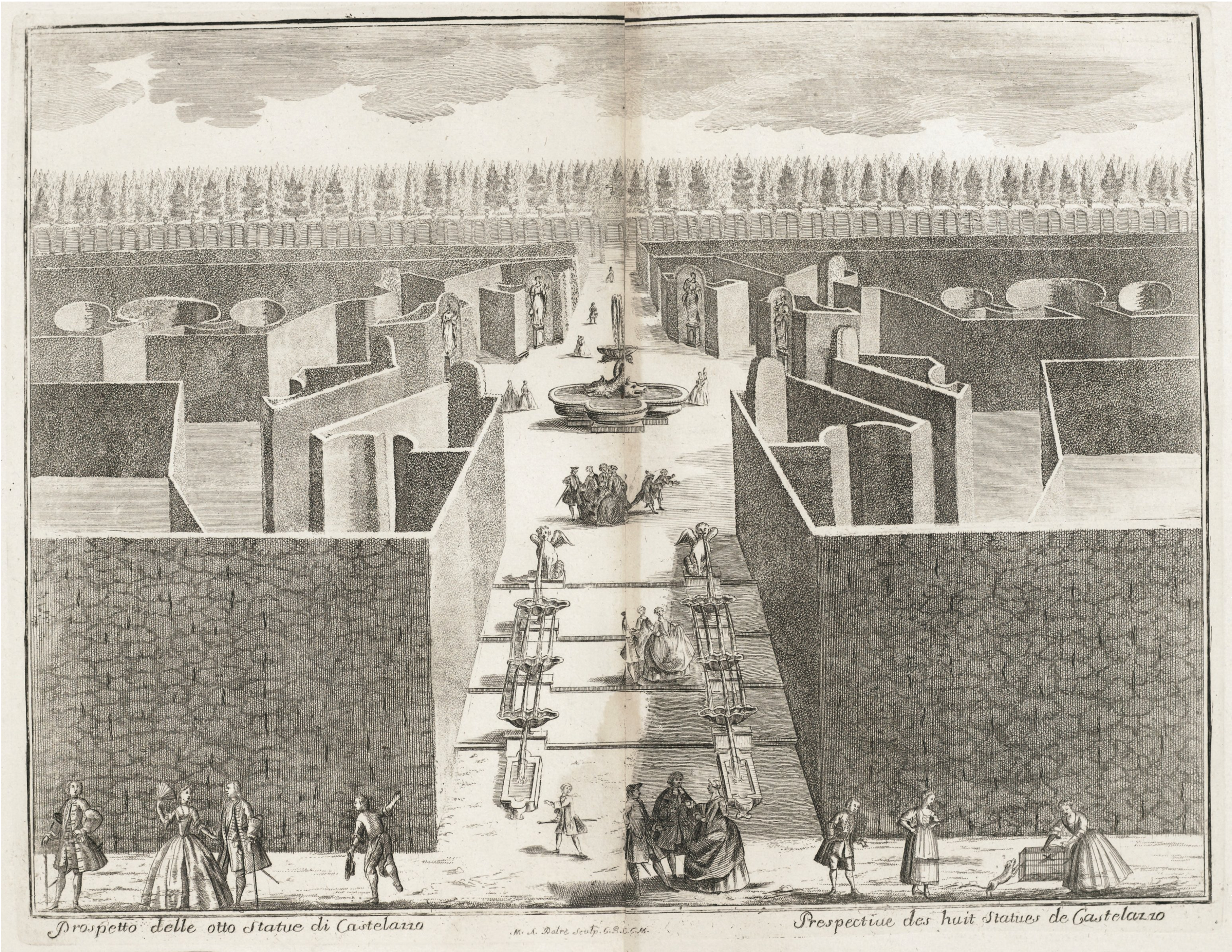 Print showing people walking through a formal garden with tall hedges and wide pathways; a central courtyard features a fountain and several tall statues. Figures walk and socialize throughout the garden.