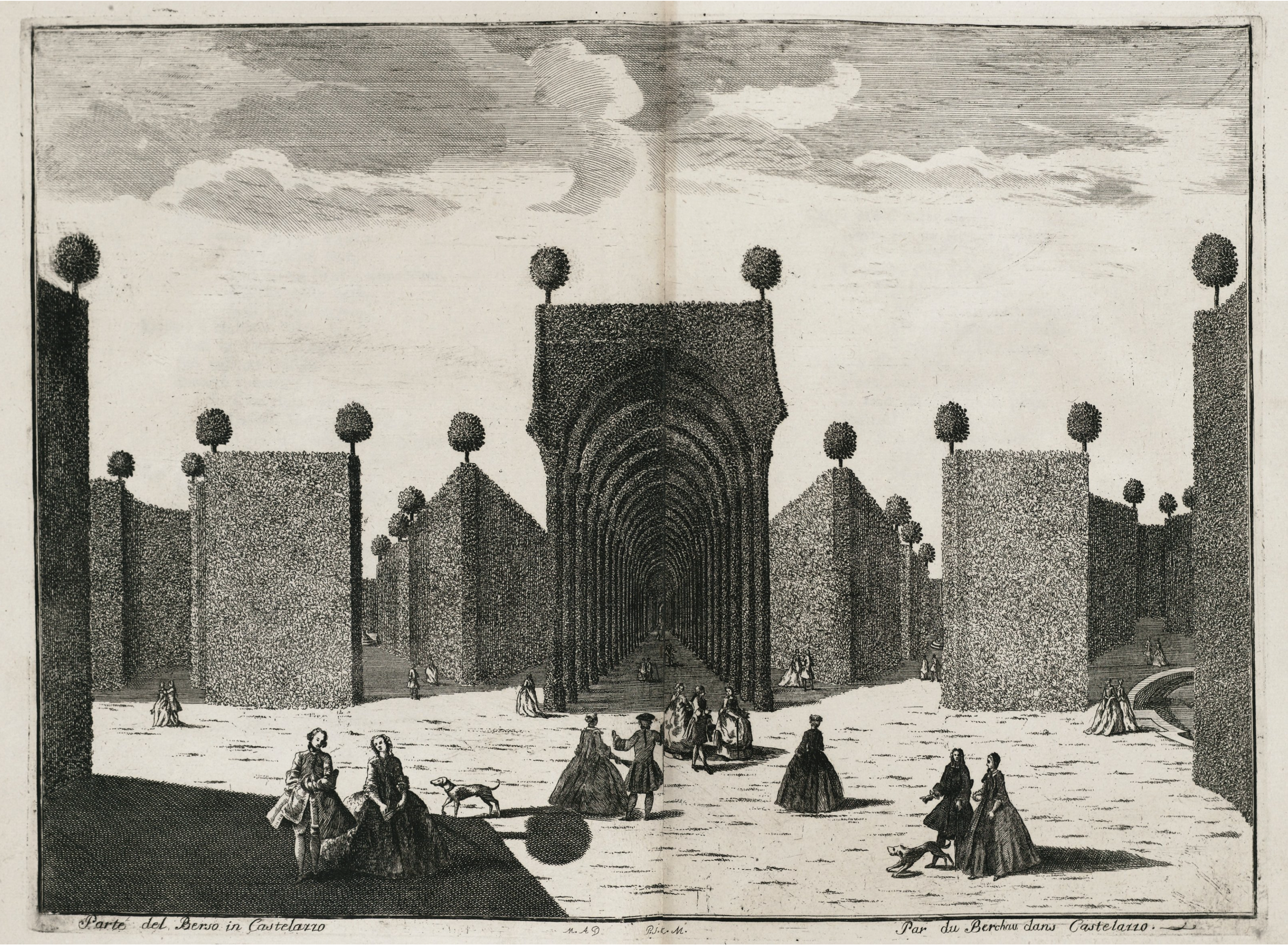 Print of a formal garden with tall, geometric hedges separating long wide pathways where people walk and socialize.
