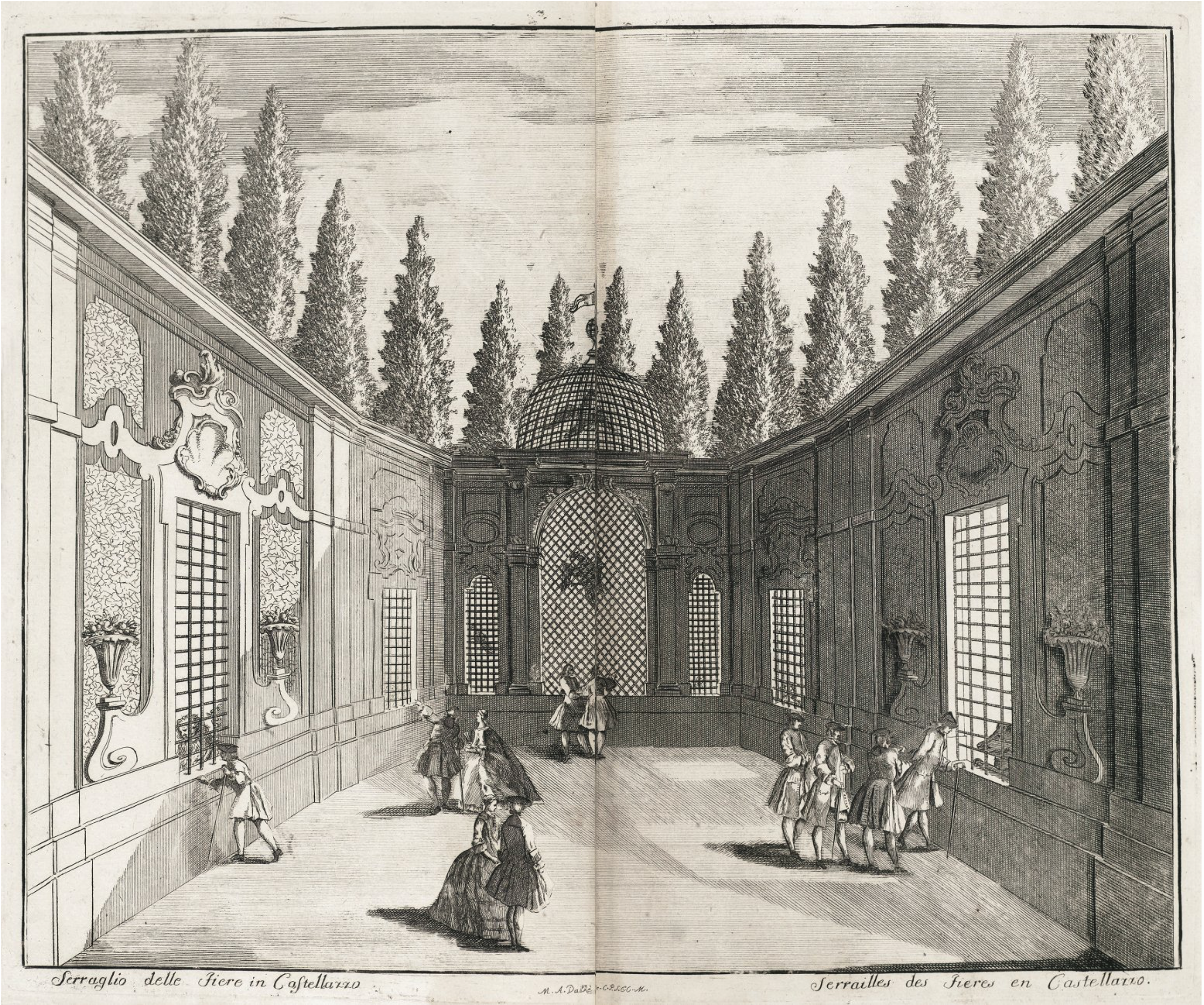Print of a walled structure with a central courtyard and barred windows. Figures within the central courtyard socialize and observe animals behind the bars.