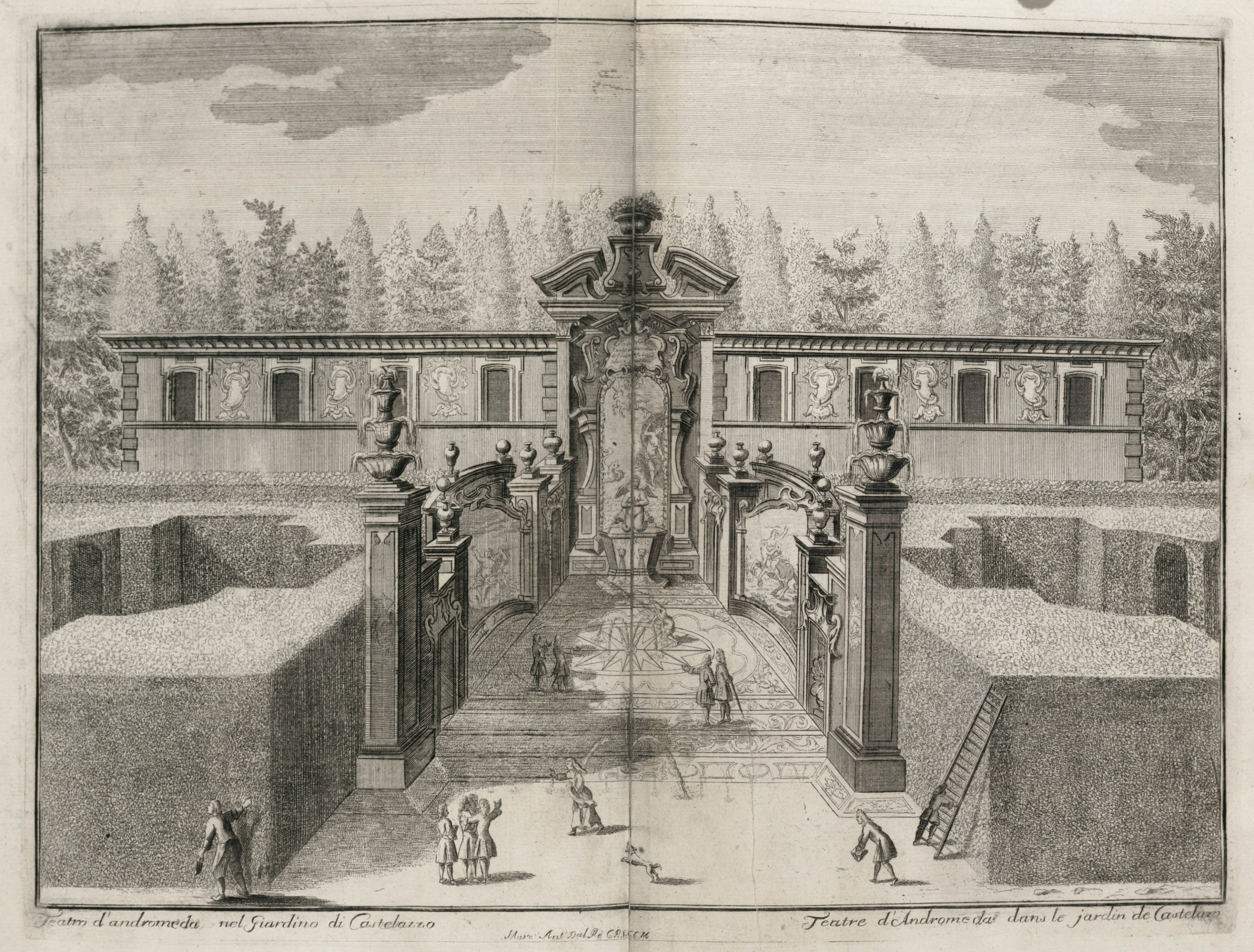 A print of a formal garden with tall sculpted hedges, statues, and people conversing and working, featuring an ornate building in the background.
