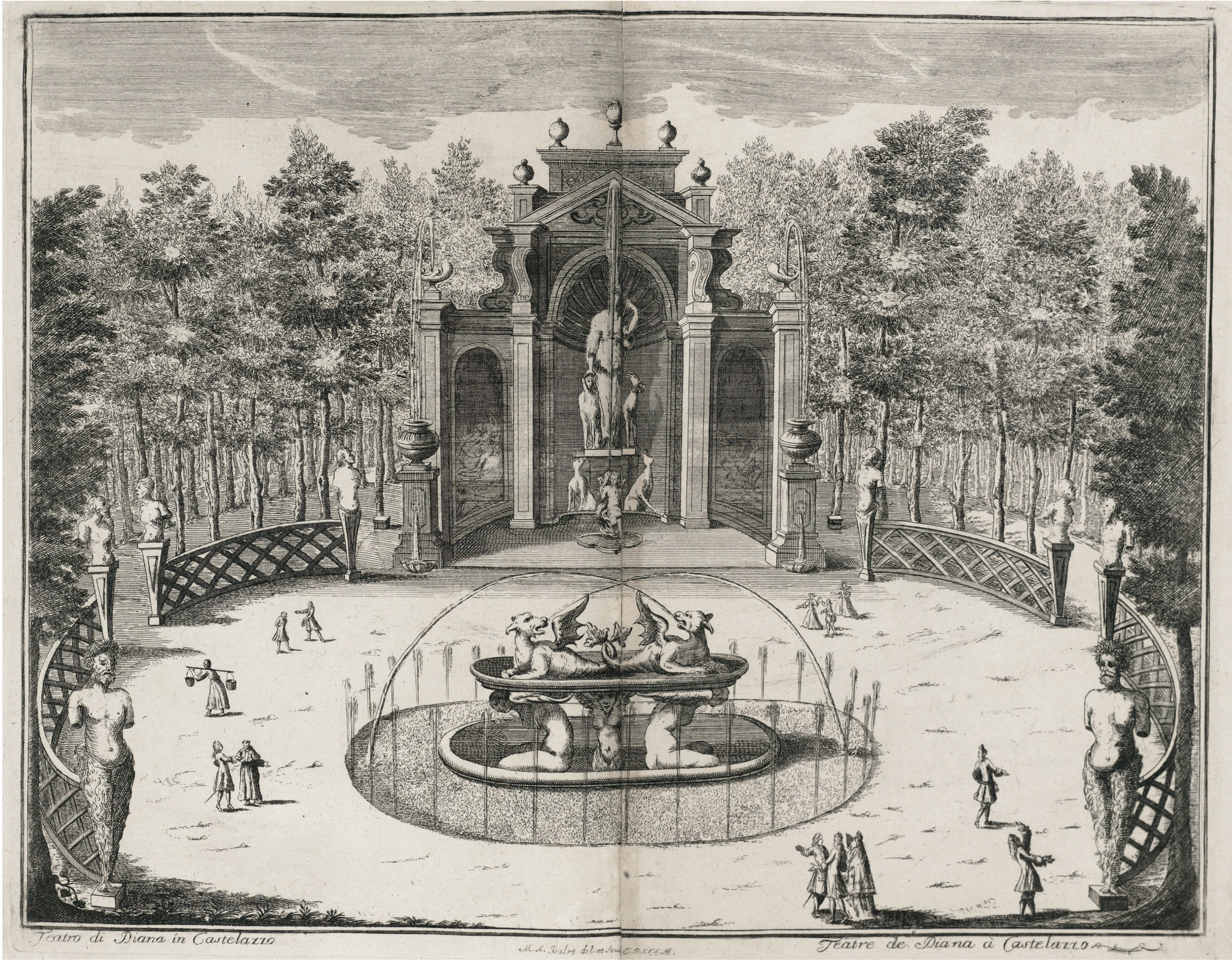 Print of a formal garden with a fountain featuring sculptures, surrounded by trees, statues, and people strolling or conversing on paths, with a decorative architectural structure in the background.