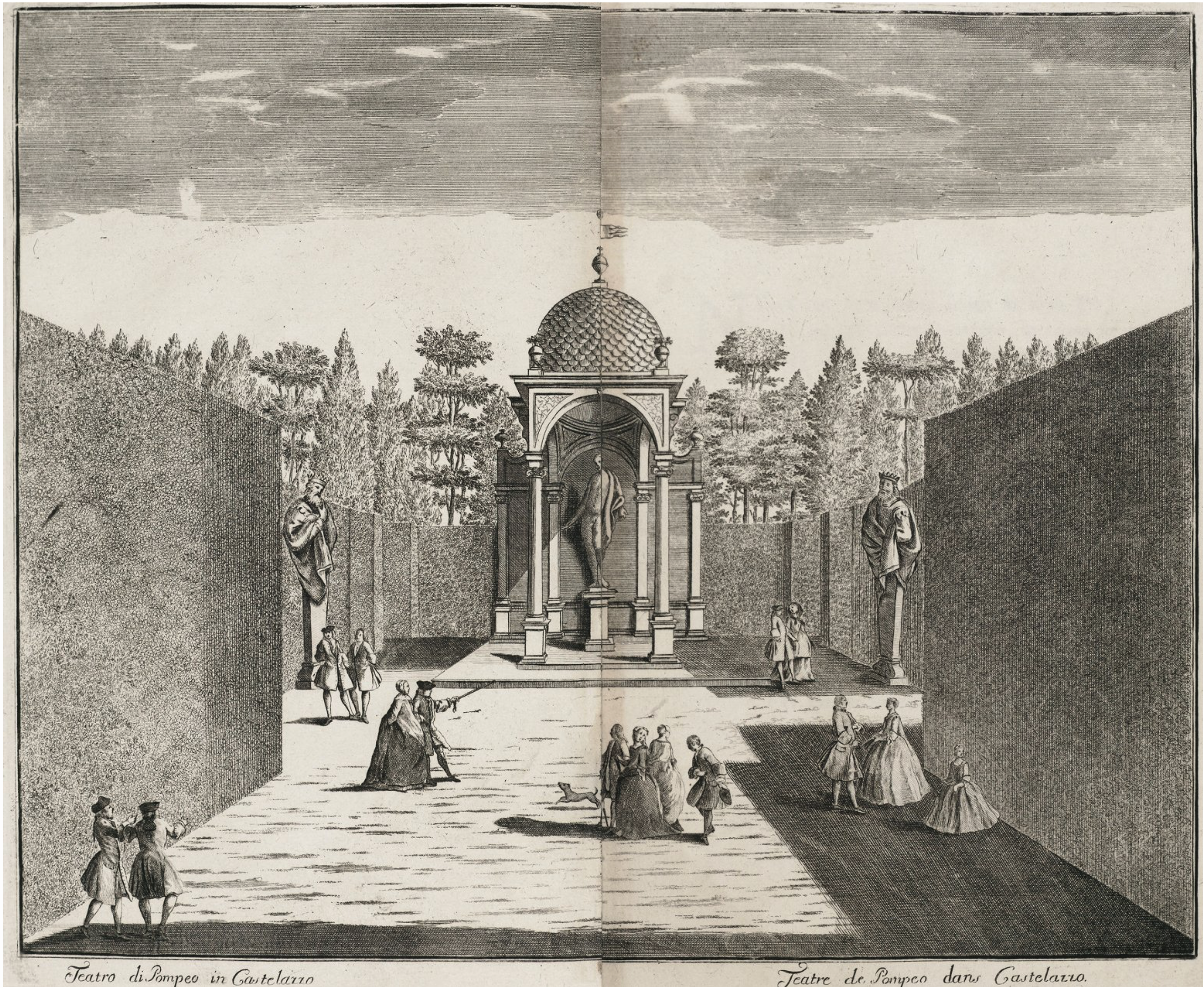 Print depicting a formal garden with tall hedges, a domed pavilion with a statue at the center, two statues atop freestanding pillars, and people walking and conversing along the pathways.