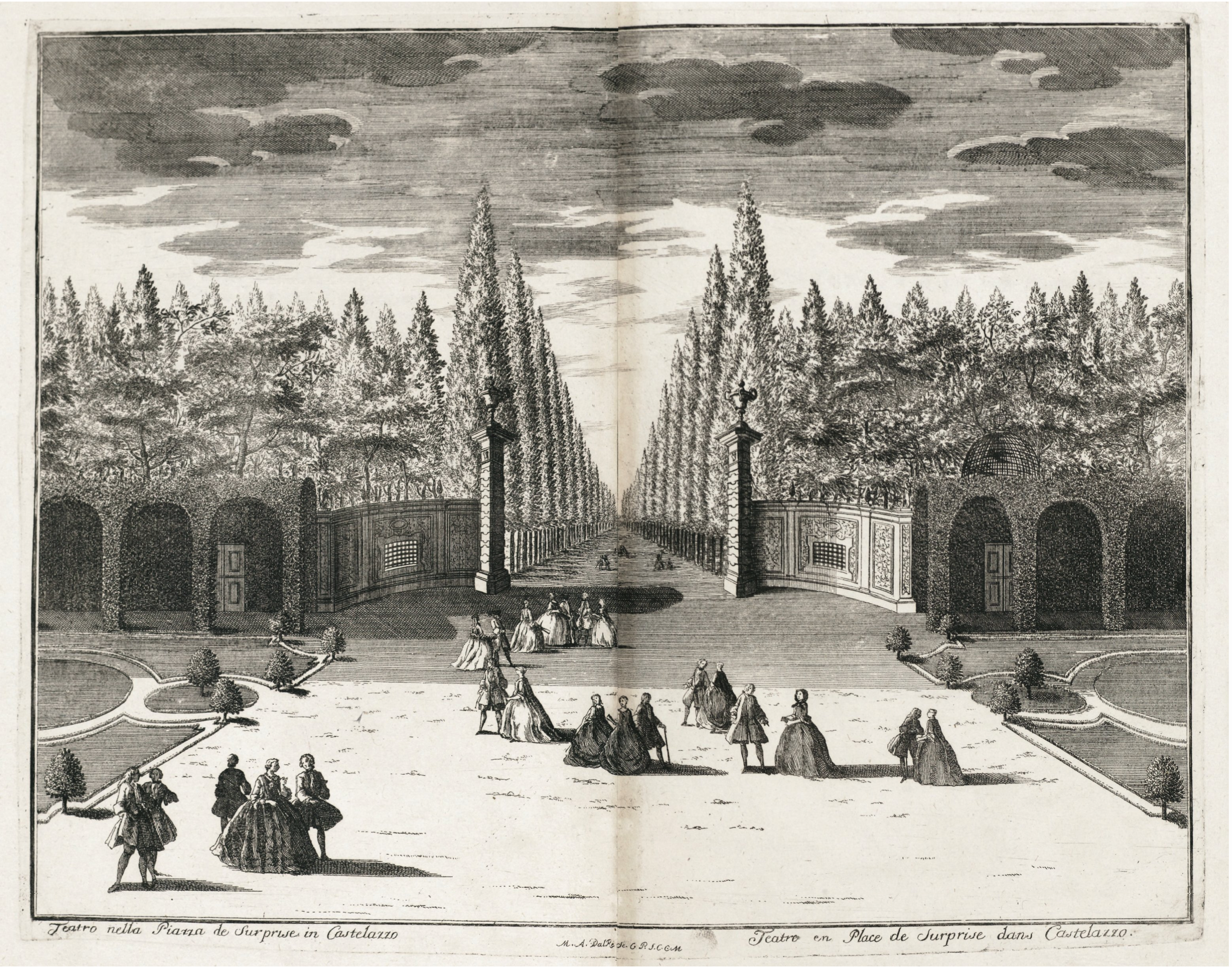 Print of a symmetrical formal garden with tall, trimmed trees, ornate walls, and groups of people walking and gathering along the wide paths.