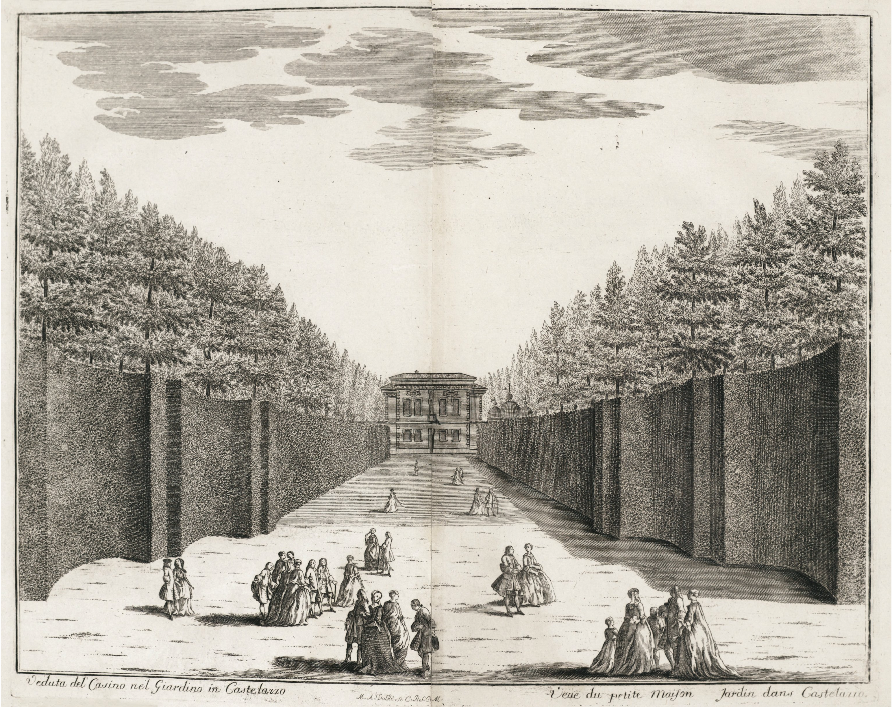 A print groups of formal garden with tall, trimmed hedges and a large building in the distance, with various groups of people walking and conversing along a central path.