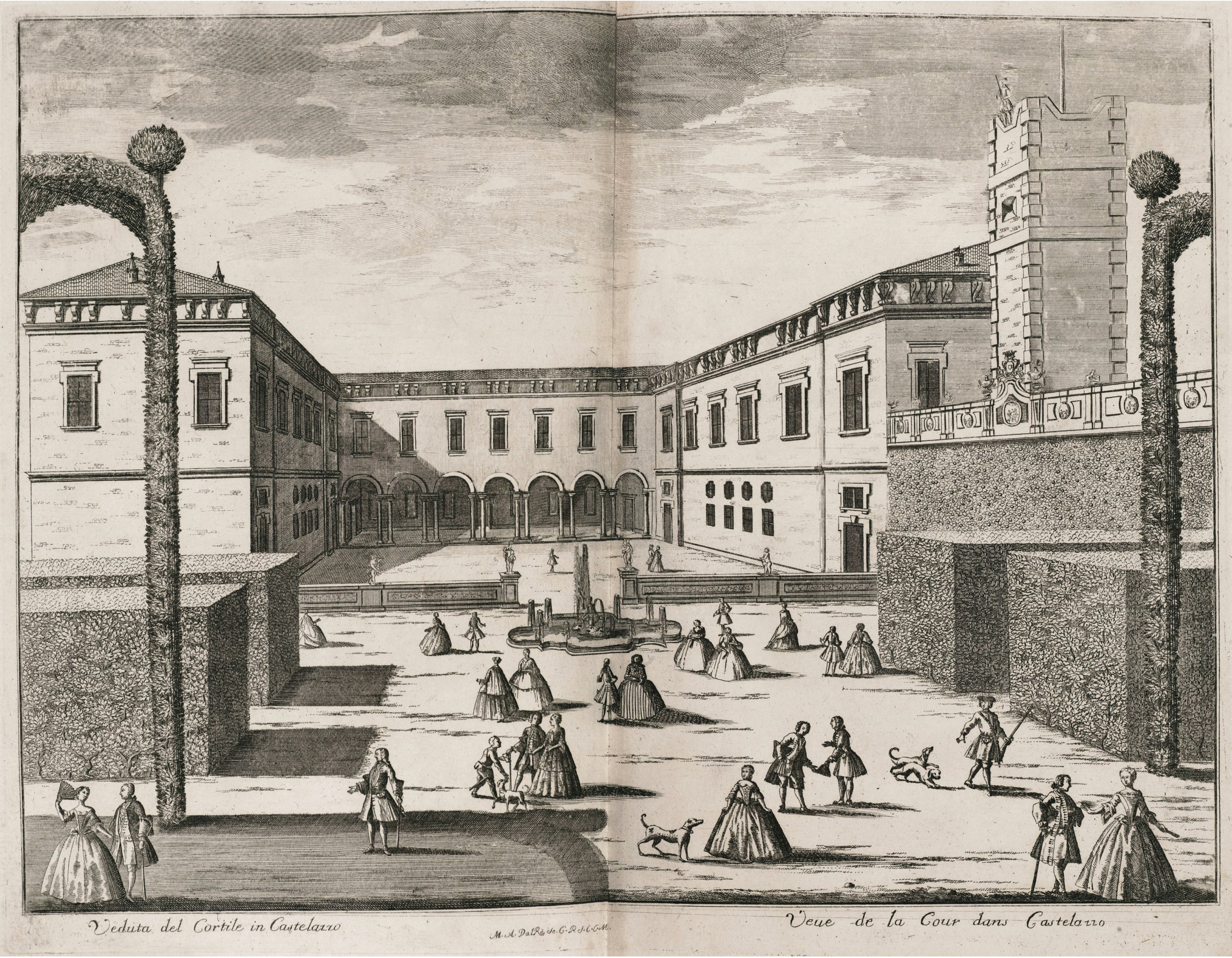 Print of a courtyard with two-story buildings, arches, and a central fountain. Numerous people walk, converse, or engage with dogs.