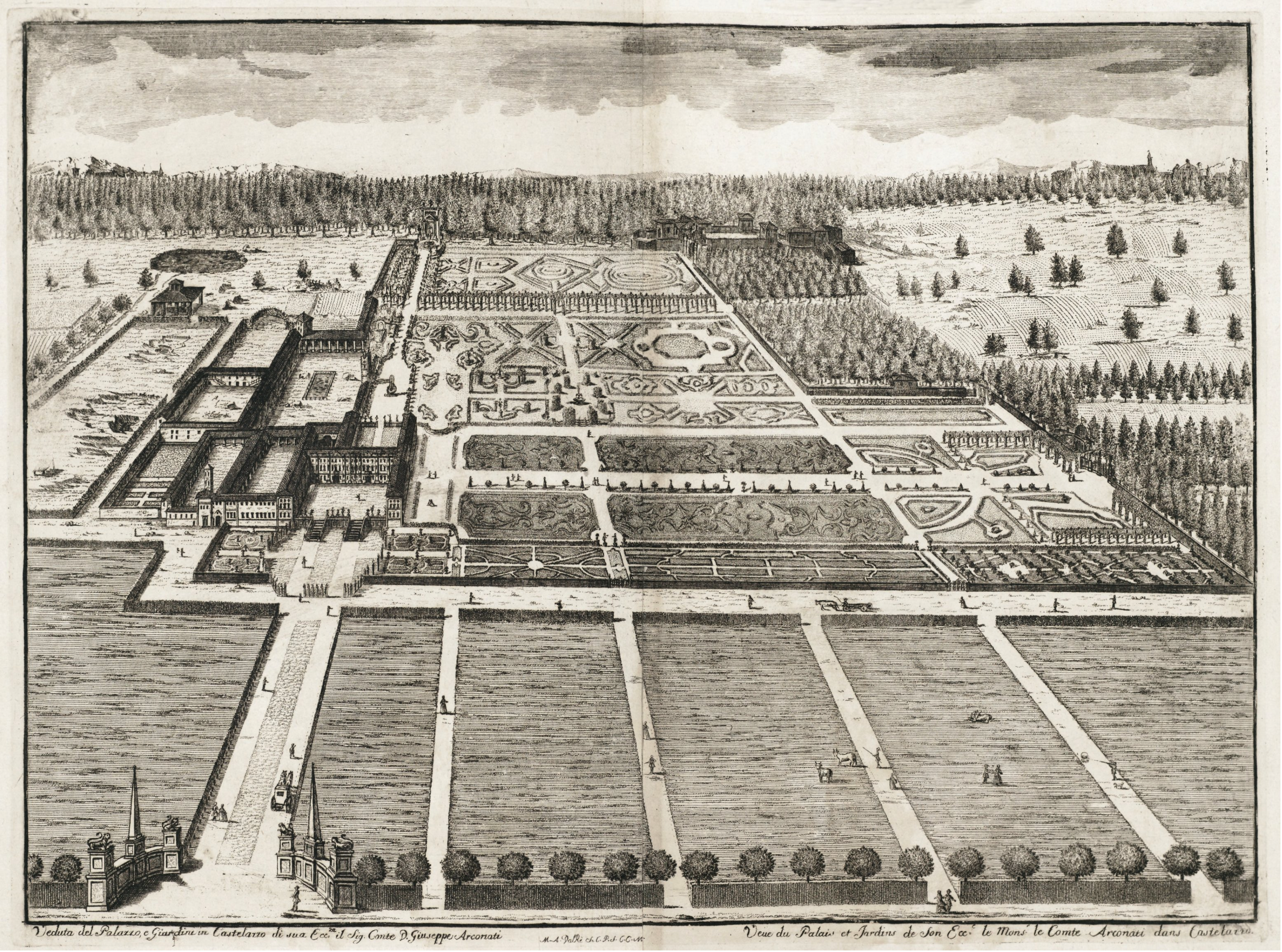 A detailed print showing an aerial view of a formal garden and palace, featuring geometric greenery, pathways, fountains, surrounded by fields and trees.