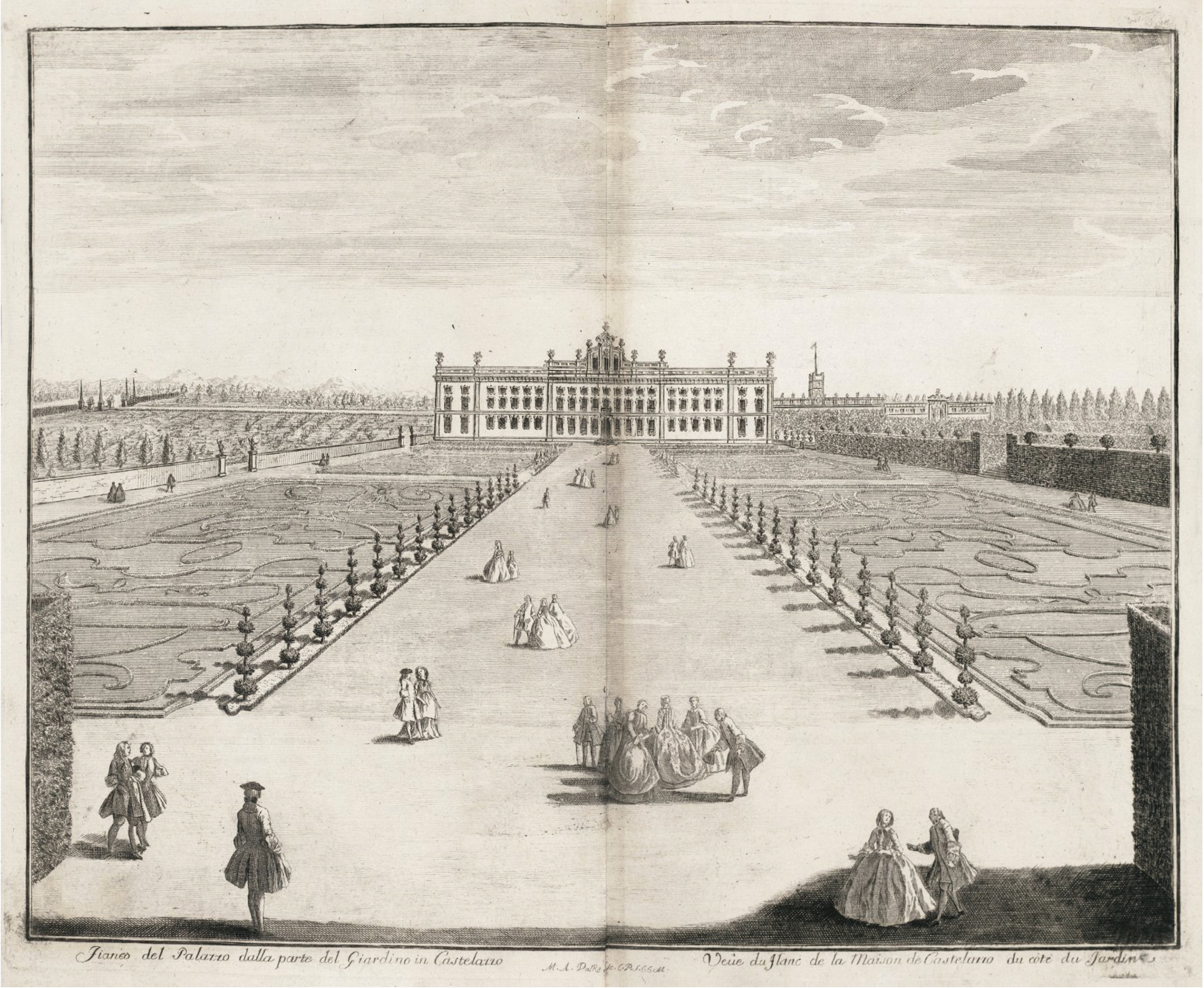 A black and white illustration of a grand palace with a formal garden, fountains, and walking paths in front. Groups of elegantly dressed people stroll around the grounds, and the scene is framed by hedges and trees.