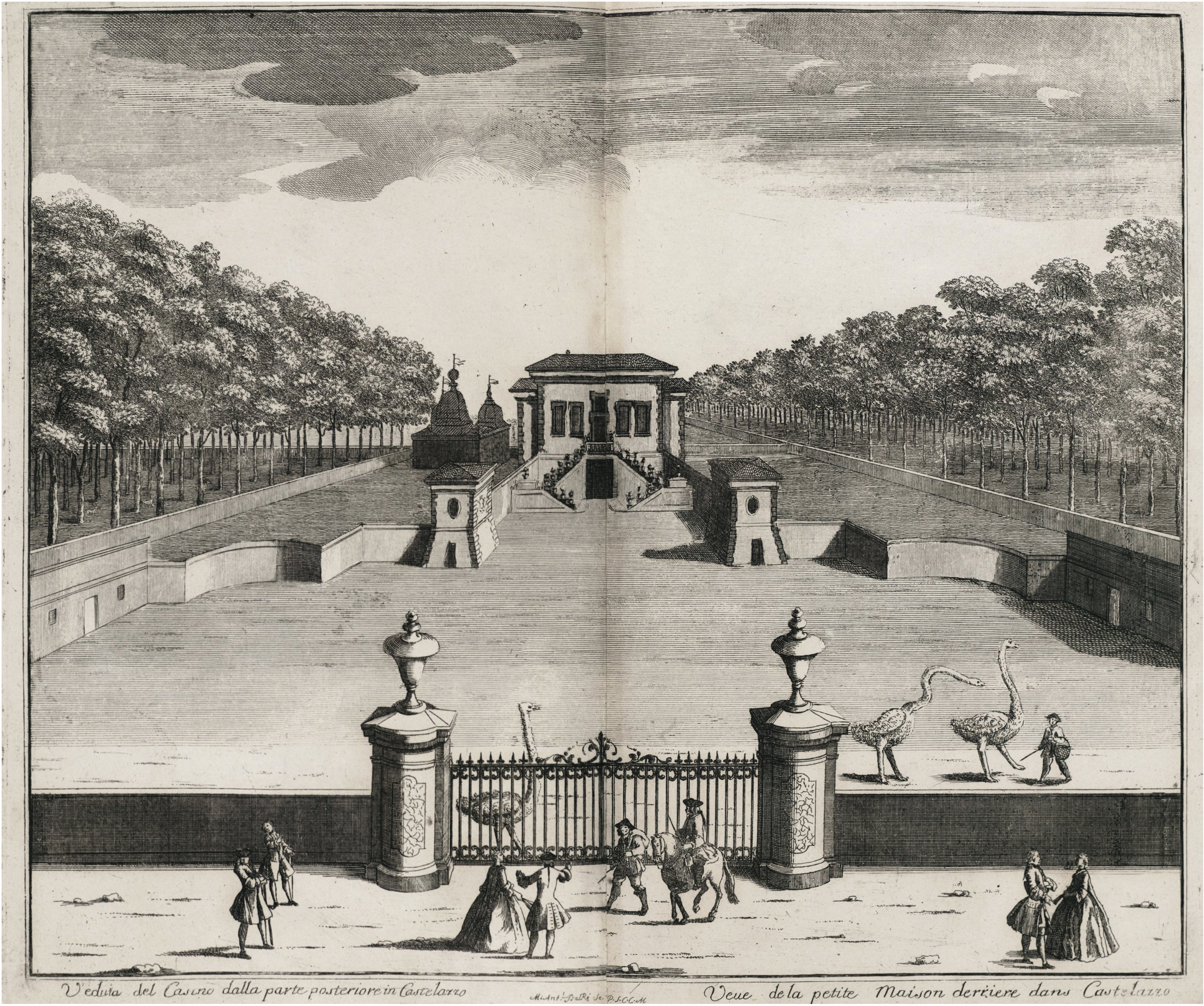 Print of a grand garden with a central enclosed section surrounded by walls. an wrought-iron gate, and building. Three ostriches and a man stand inside the enclosure, while pairs of figures stand in the foreground outside the enclosure.