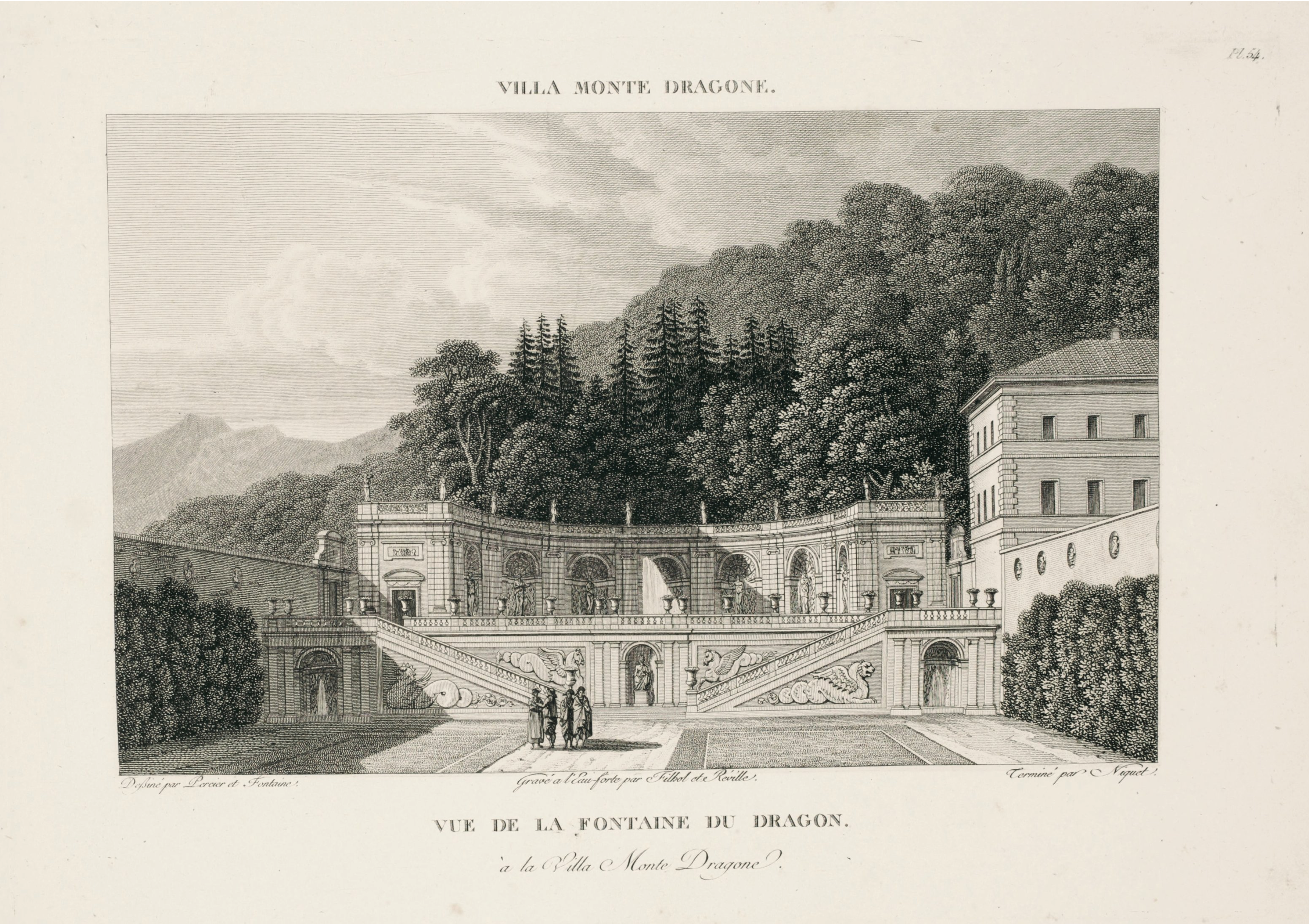 Print of Villa Monte Dragone, depicting a terrace, grand staircase, fountains, statues, and several people standing in the foreground, with a buildings and trees in the background.