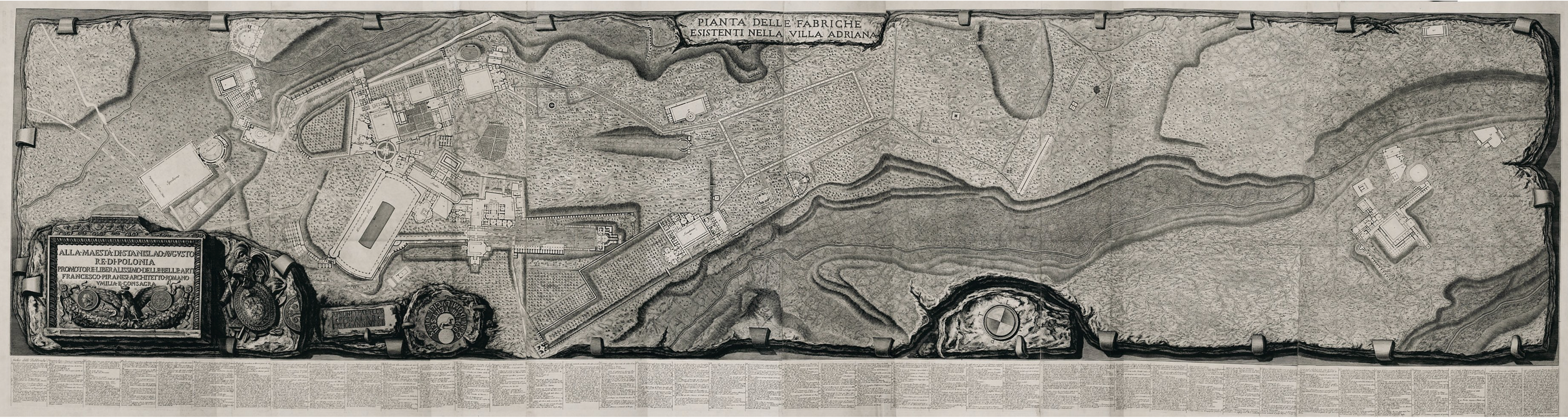 A detailed, black-and-white map showing the layout buildings, roads, and landmarks amidst open fields. Title in a decorative cartouches and labels of specific cites are written in Latin and Italian.