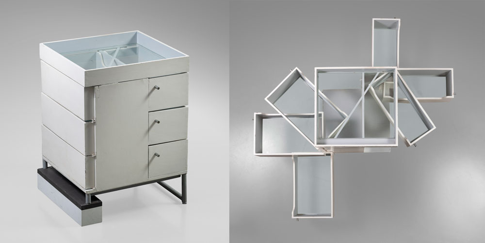 Left: small white cabinet with pivoting drawers. Right: top view of cabinet with pivot drawers all open.