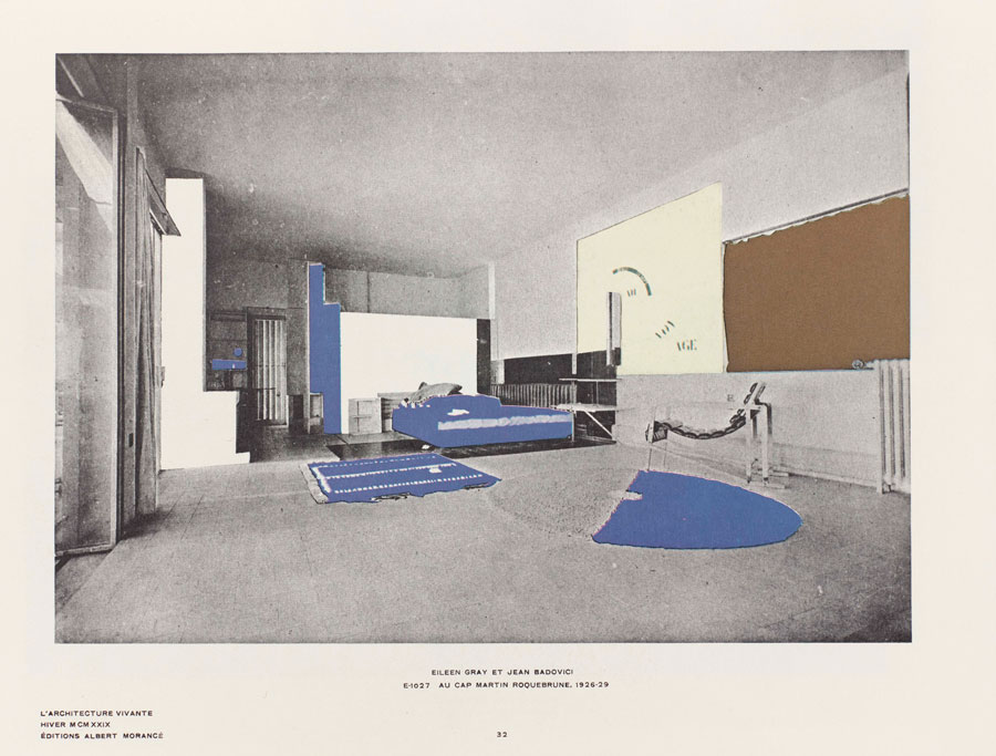 Black and white print of a living room with a wall, rugs, and furniture colored blue.