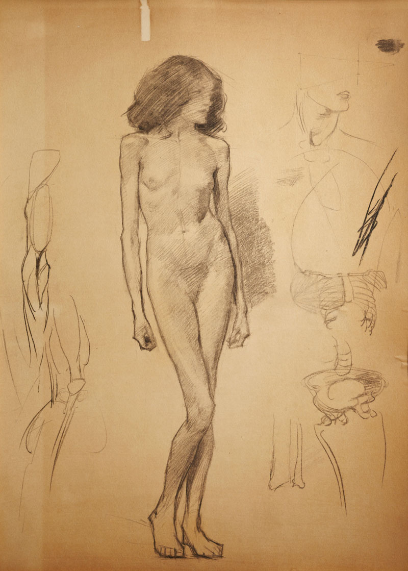 Charcoal sketch of a nude woman with anatomical details.