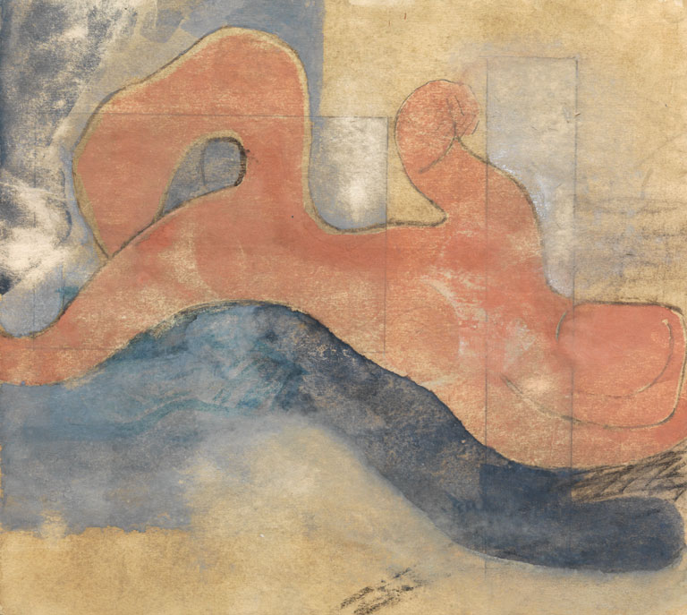 Image of an abstracted sketch in red and blue.