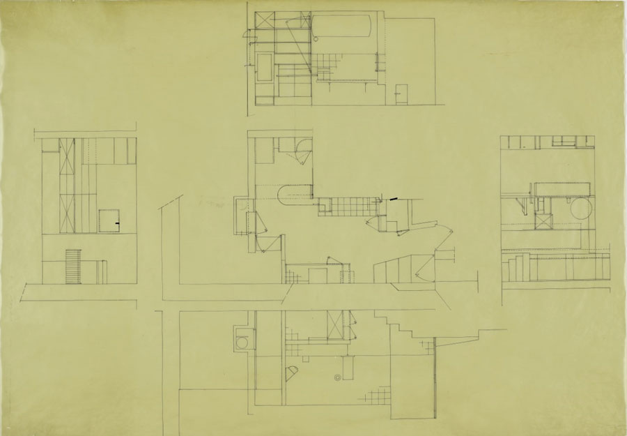 Architectural drawing of the kitchen and courtyard of Tempe a Pailla. 5 drawings are visible on the page, four of which are arranged on all four sides of central illustration.