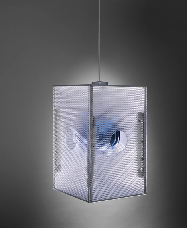 Installation image of a rectangular hanging lantern made from acrylic glass surrounding a blue mirrored glass ball.