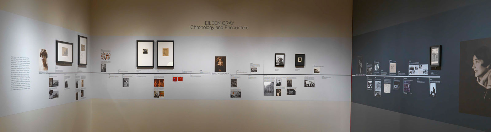 Installation image of a timeline of Gray's chronology and encounters.