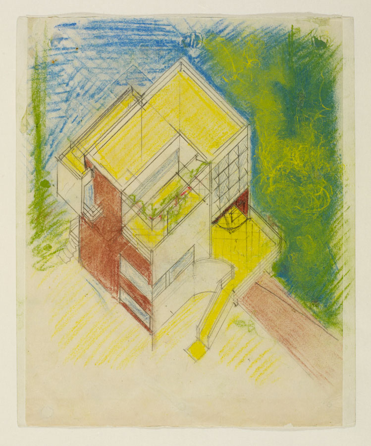 Crayon and pencil axonometric sketch of the exterior of a home.