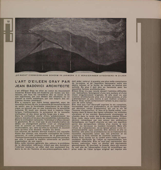Image of a page from Wendingen with article text and the title "L'art d'Eileen Gray par Jean Badovici architecte."
