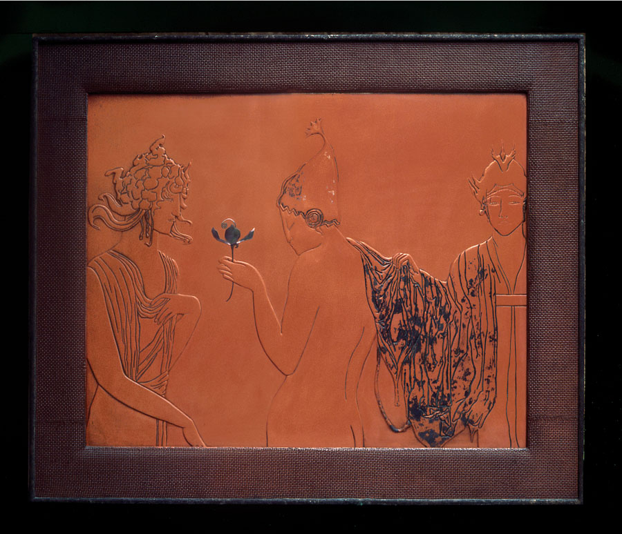Image of a framed red lacquer panel depicting three line drawn figures.
